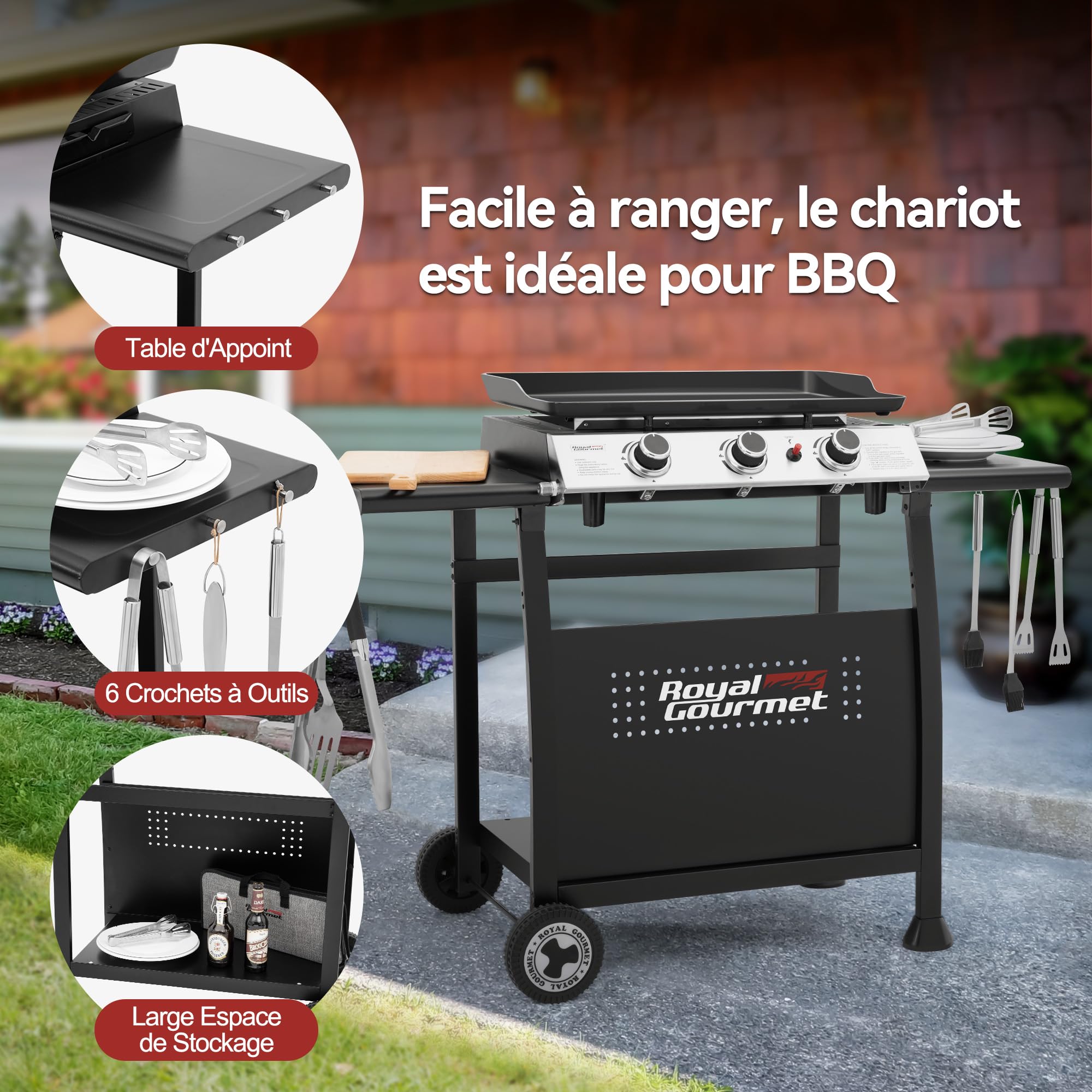 Royal Gourmet Plancha Gaz sur Chariot, 3 Brûleurs Puissance 7.5 kW, Plaque Amovible de Surface Cuisson 62,0 x 35,5 cm, Avec 2 Tablettes et 2 Roues, Portable pour Jardin et l' Extérieur, Noir