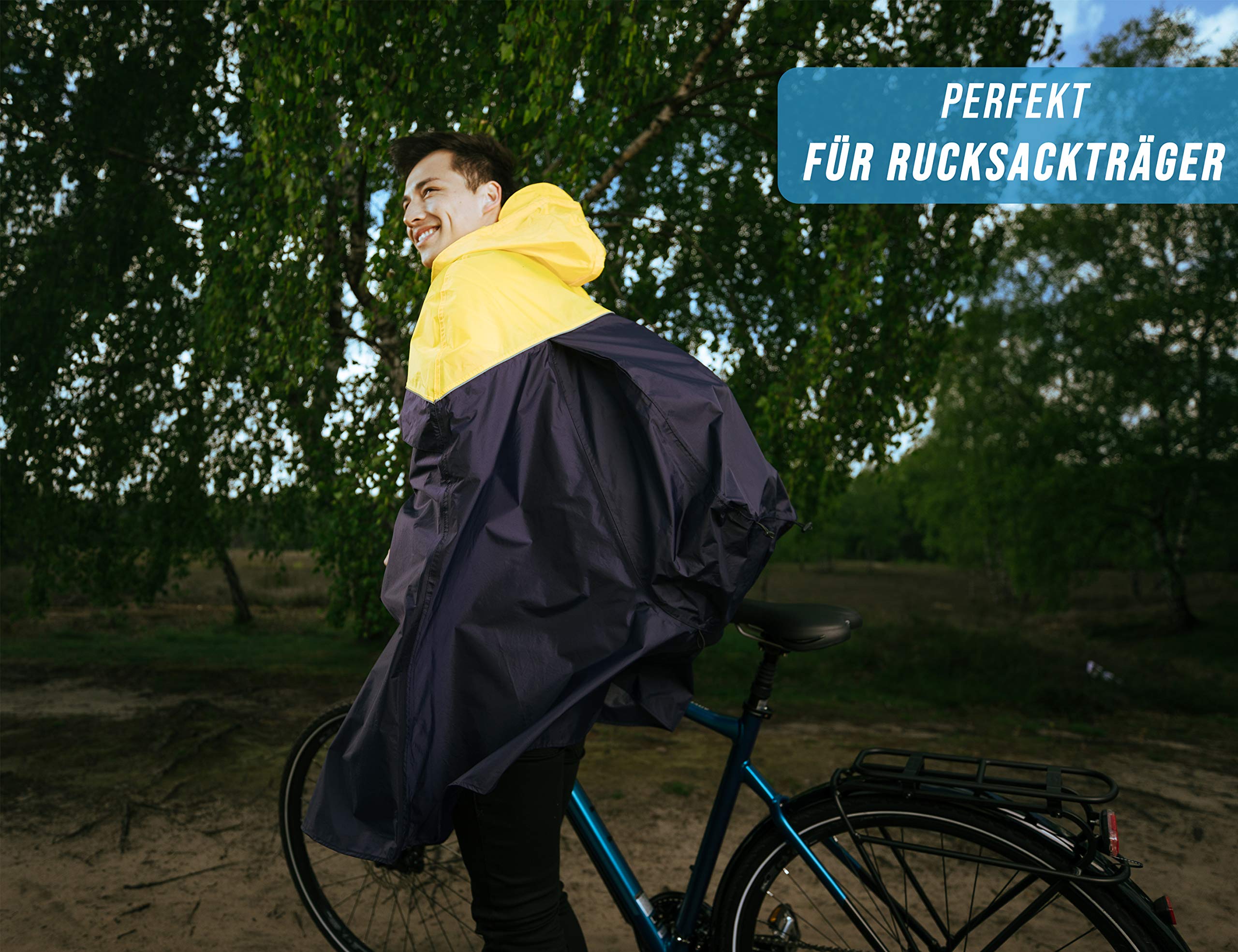 HOCK Poncho de pluie de vélo avec pli pratique du sac à dos - Poncho de vélo 100% imperméable avec réflecteur - Cape de pluie pour homme et femme - Vêtement de pluie de qualité supérieure