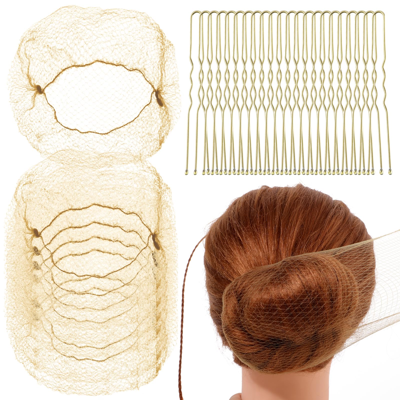 Giantree Lot De 20 Filets à Cheveux Invisibles + 50 Épingles U | Pour Chignon De Ballet, Danse, Cuisine | Doré