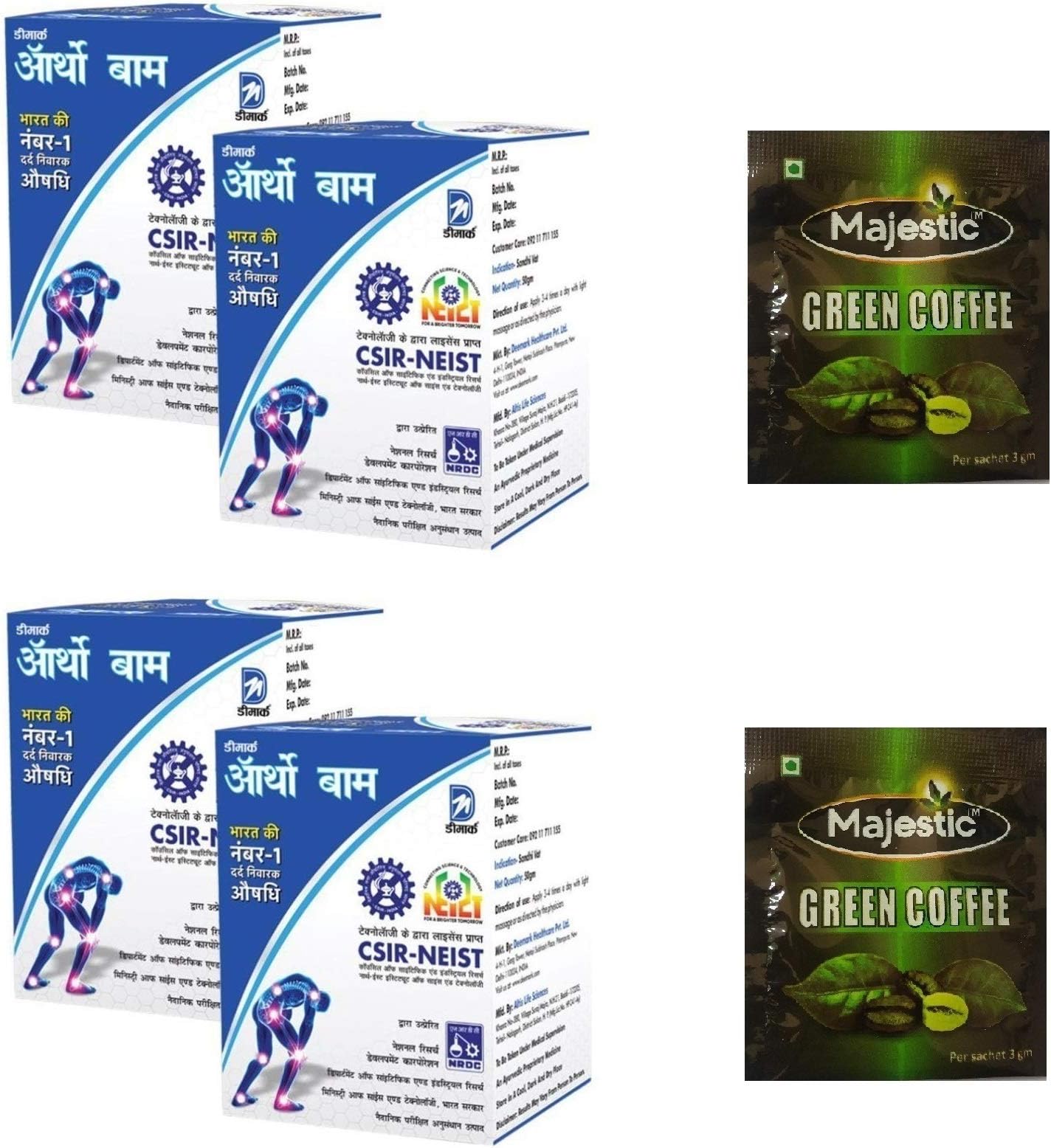 Deemark Ortho Balm 50 gm - (Pack of 4) & Sachets of Green Coffee
