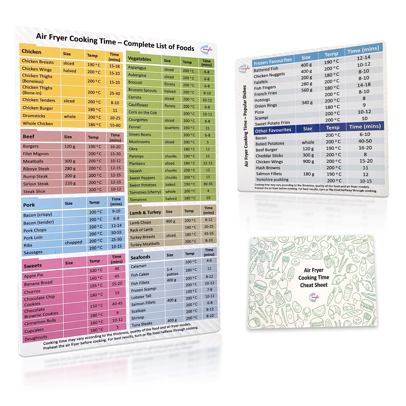 Bespoke designed for UK market Air Fryer Cooking Time Sheet. Magnetic Cheat Sheet set by Magla. Air Fryer Recipe Book, Cookbook. Air Fryer Accessories, Kitchen Accessories. Xmas/New Year Gift