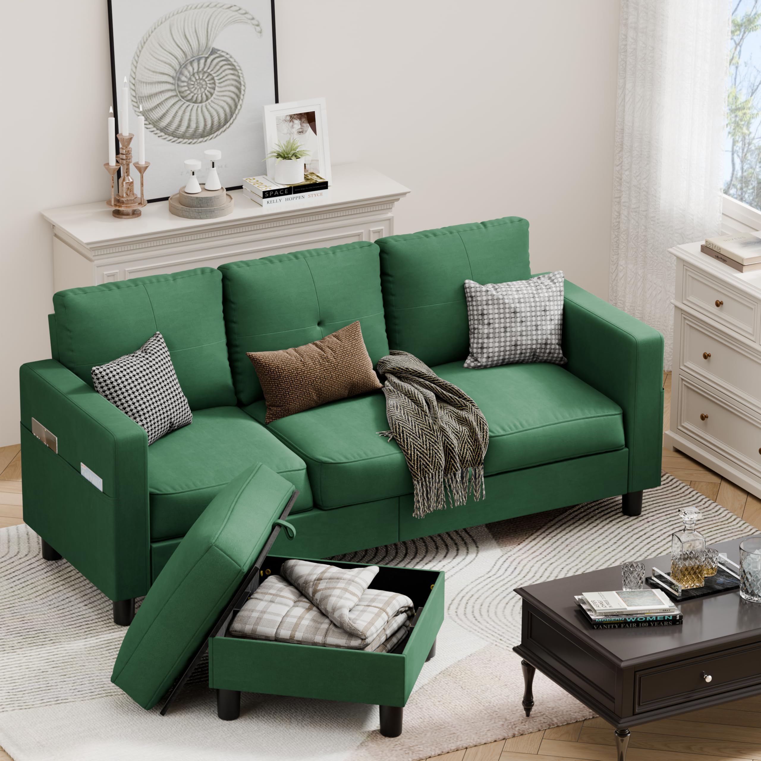 Walsunny Green L-Shaped Sectional Sofa with Ottoman