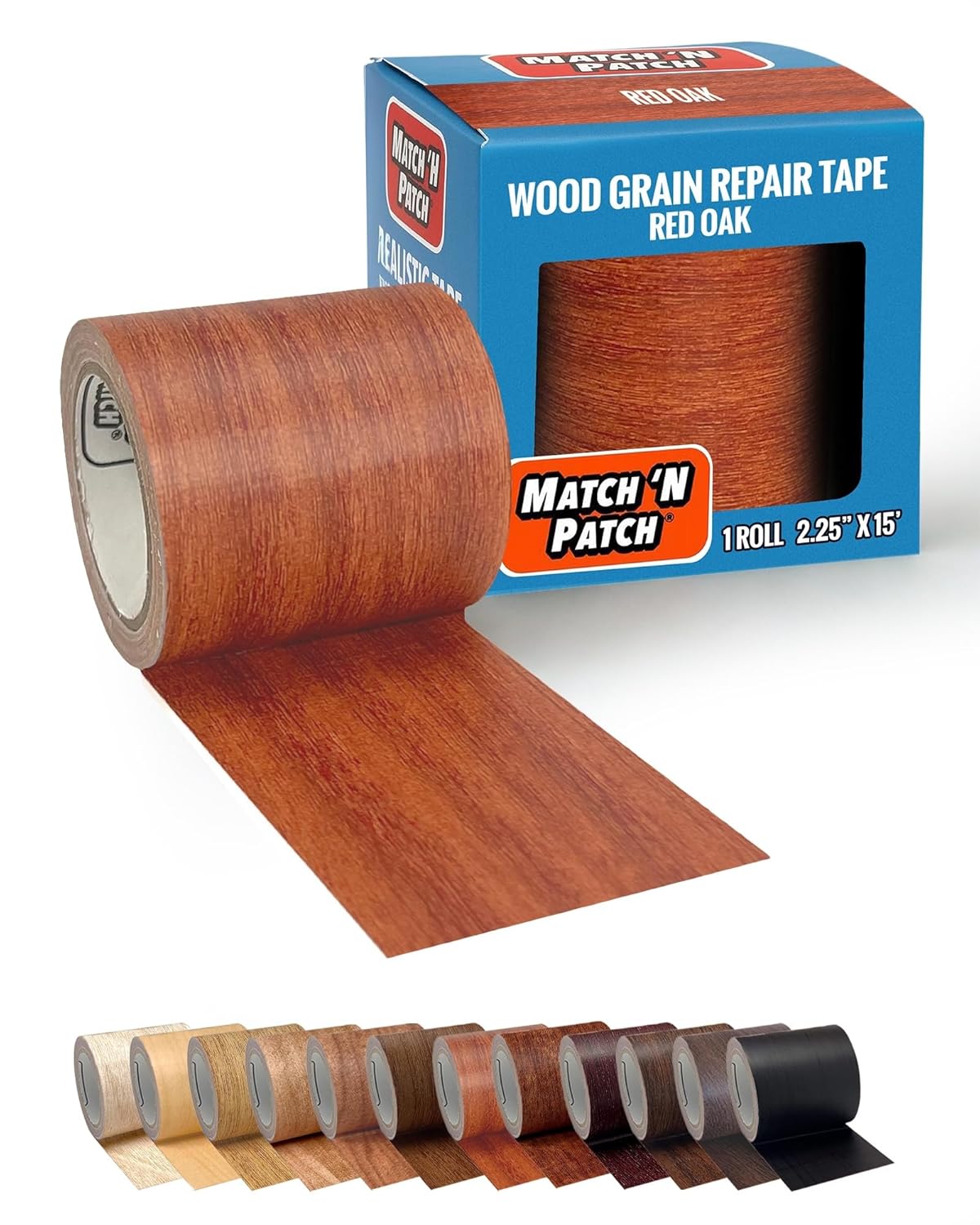 MATCH 'N PATCH Wood Grain Repair Tape - Antique Oak, 2.25 in x 15 ft (1-Pack) – Wood Grain Colored Duct Tape for Mirror Frame, Trim, Borders, Floor and Other Furniture, Scratch Repair Kit
