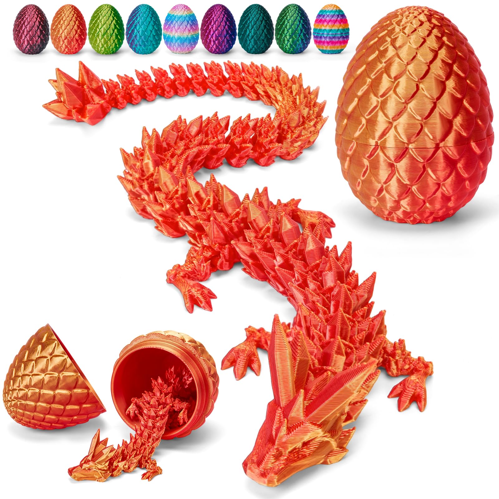 TBOLINE 3D Printed Dragon Egg,Dragon Eggs with Dragon Inside,Crystal Dragon Fidget Toys,Full Articulated Dragon Dragon in Egg,Adults Fidget Toys for Autism ADHD (Laser Red-12inch)