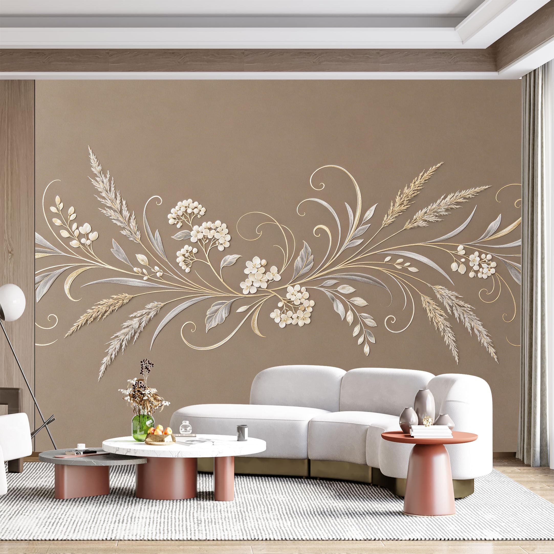 Custom Size Wall Mural Delicate Floral Botanical Wheat Field Golden Scrollwork Textured Linen Effect SelfAdhesive Wall Fabric Removable for Home Office Decor