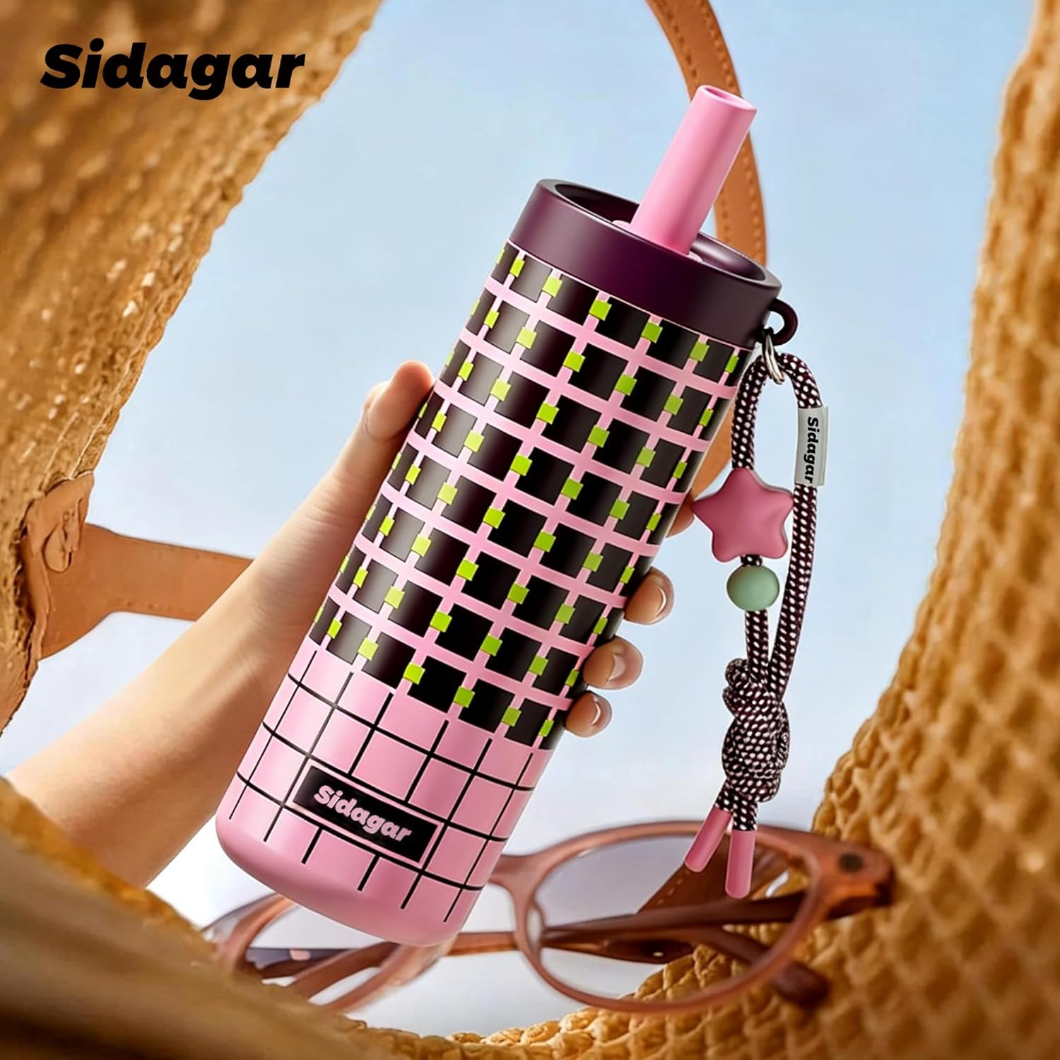 24 oz Tumbler with Handle and Straw, Leak-proof Reusable BPA-Free Cup, Balletcore Berry Pink Grid, Commute Yoga Office Travel, Picnic & Campus Essentials, Star Charm - Berry Pink - Image 5