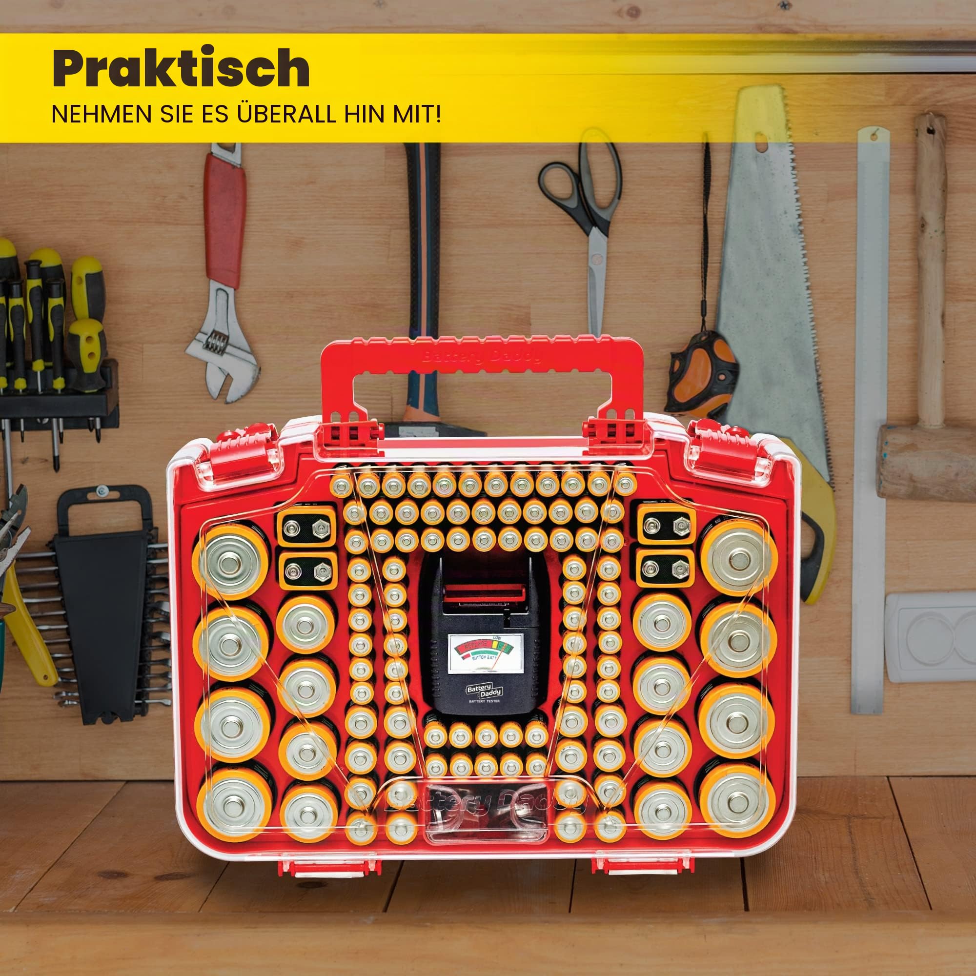 Battery Daddy Smart - Batterie-Organizer-Aufbewahrungskoffer mit Tester, speichert und schützt bis zu 150 Batterien, transparenter Verschlussdeckel, wie auf dem Fernseher gesehen
