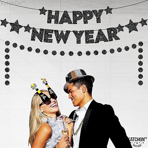 Miniatura 2 de KatchOn, Cartel de feliz año nuevo con purpurina negra  10 pies, sin bricolaje  Cartel de feliz año nuevo 2024  Decoraciones de feliz año nuevo 2024