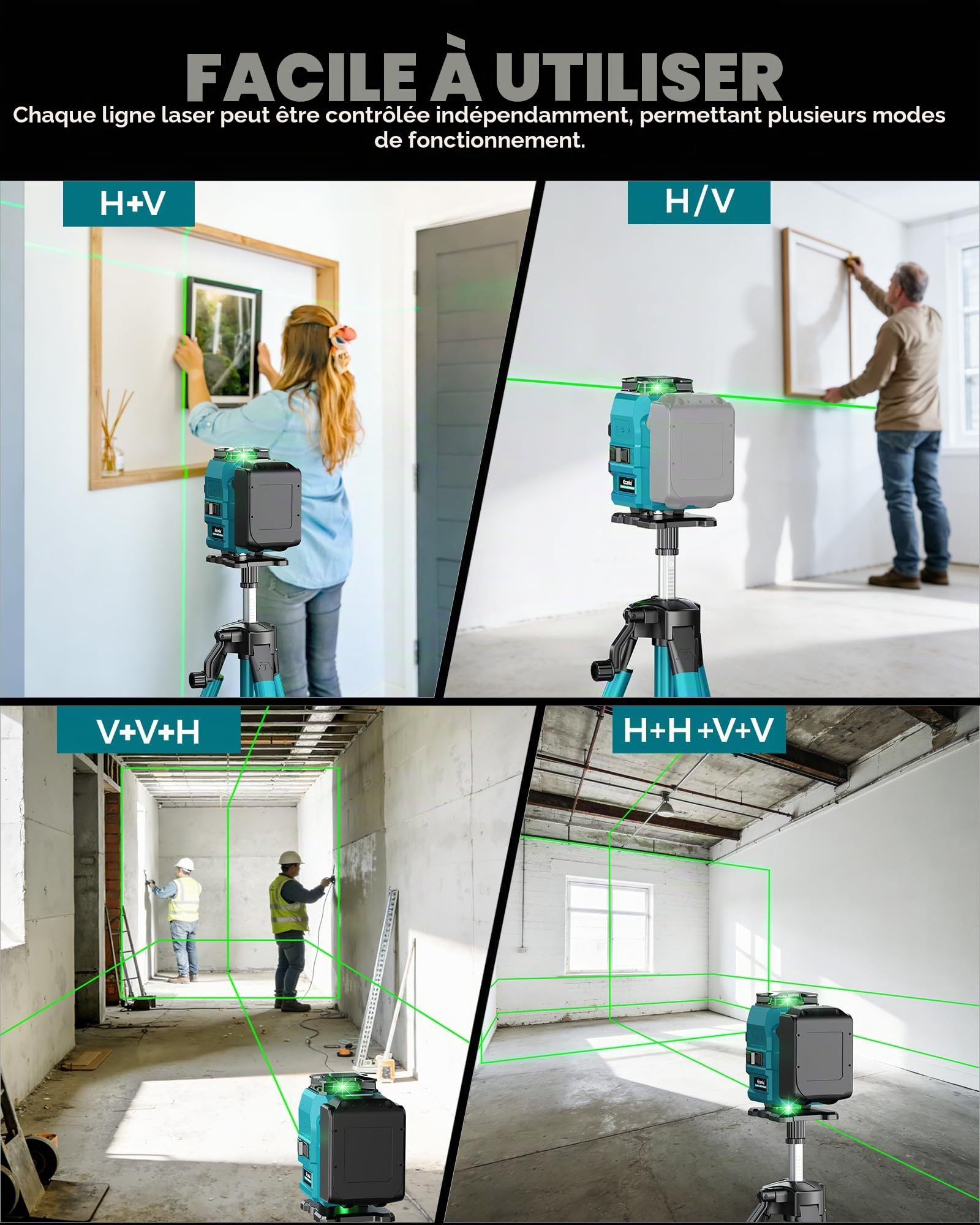 Ecarke 4D Laser à Lignes Croisées Vert, 16 Lignes, 4x360° avec Trépied, Compatible avec Batterie Ma-kita 18V, Laser Auto-Nivellant pour La Construction, Les Carreaux (Outils Uniquement)