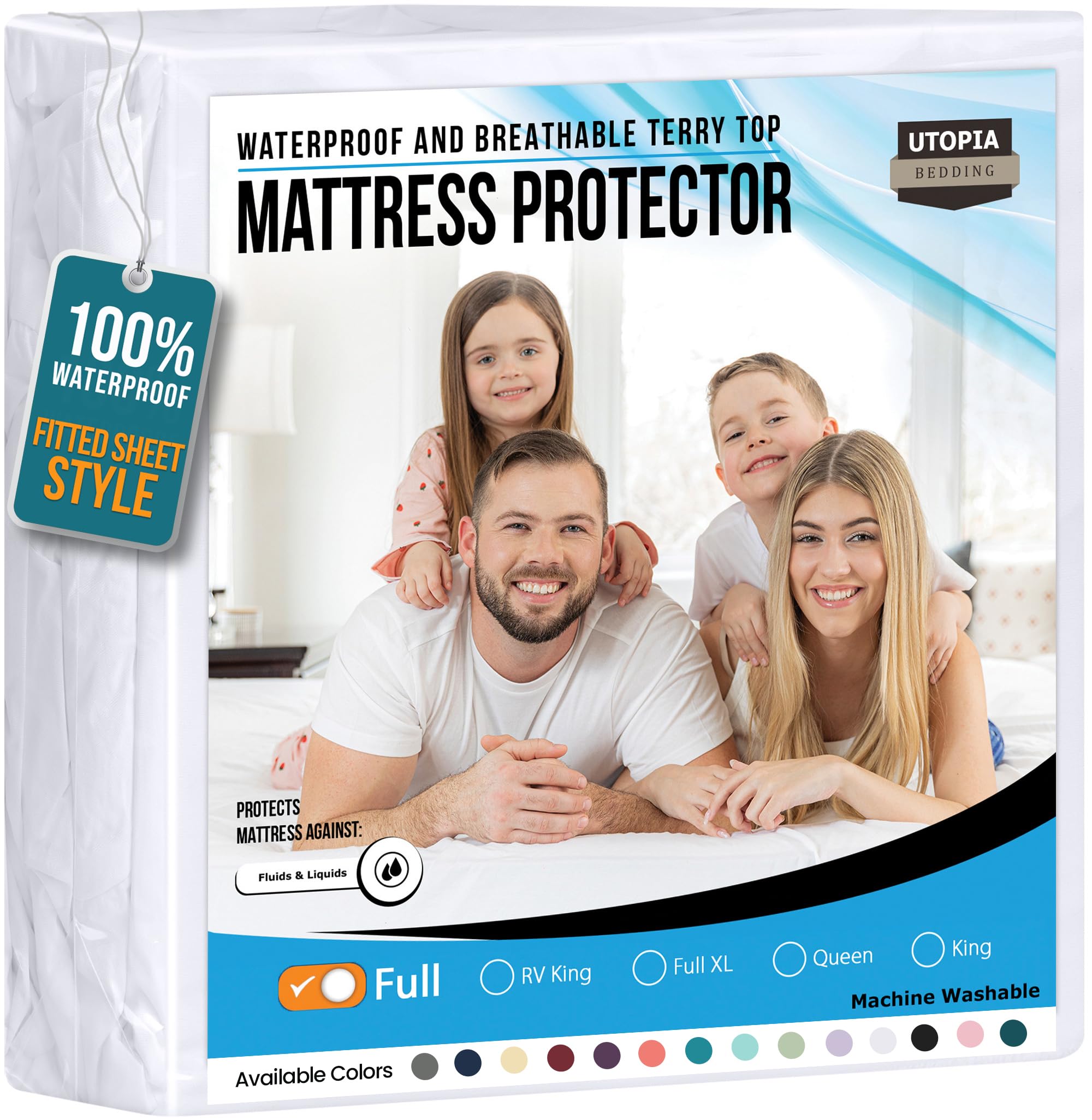 Utopia Bedding Waterproof Mattress Protector Full Size, Premium 200 GSM Terry Mattress Cover, Soft & Breathable Bed Cover, Fitted Sheet Style with Stretchable Deep Pockets 15" (White)