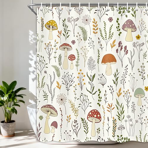 Miniatura 2 de DYNH Bonita cortina de ducha de hongos, cortina de bañera con hojas verdes botánicas florales bohemias, flores retro, decoración de baño con