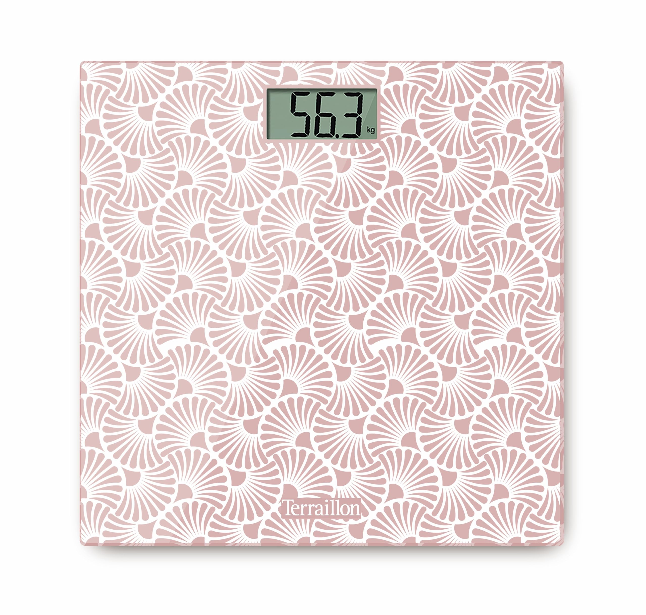 TERRAILLON - ONE SAKURA - Balance pèse personne électronique, Compact et ultra plat, Plateau en verre 27cm x 27 cm, Ecran LCD, Capacité 160Kg, Graduation 100g, Sérigraphie Sakura