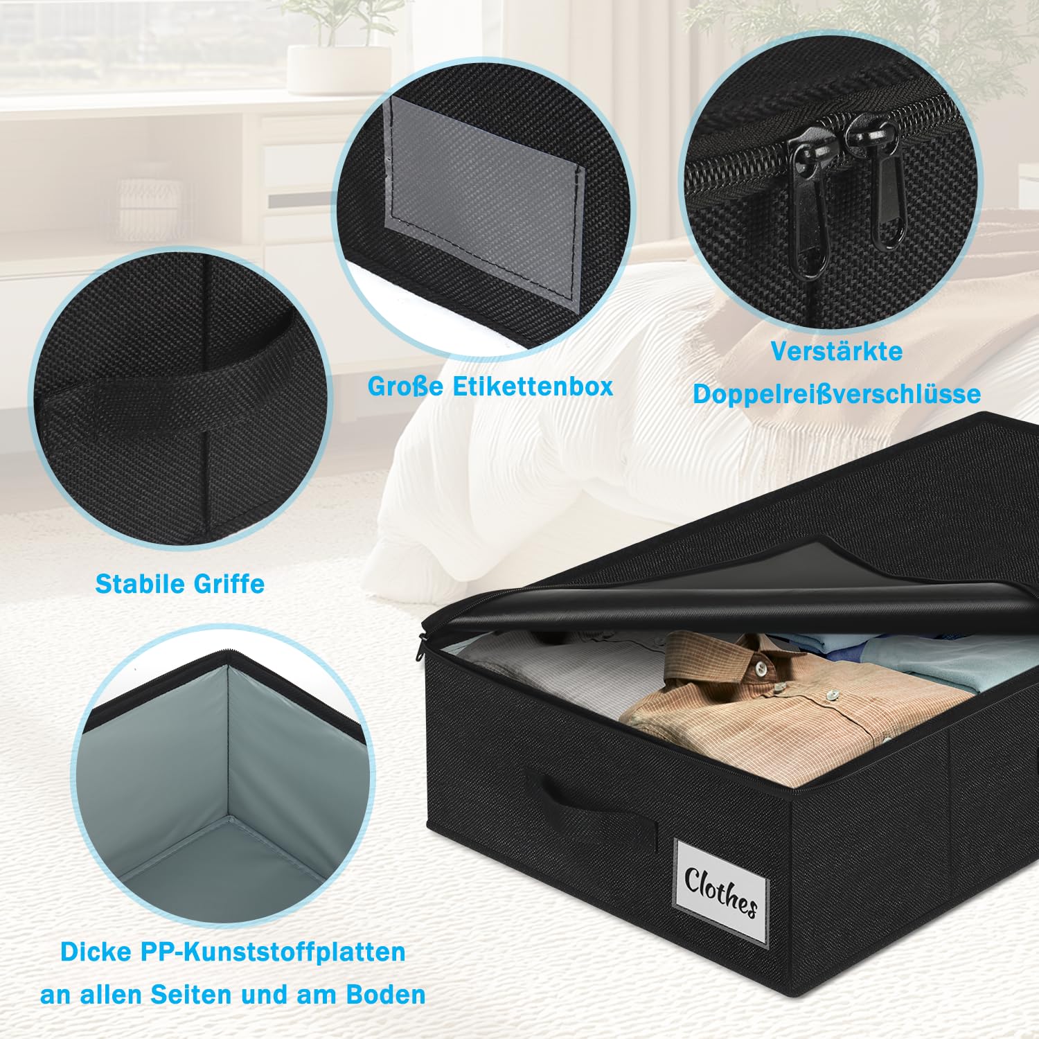 Contenitore sotto il letto, con coperchio, altezza 12 cm, 4 pezzi, pieghevole, lavabile, con 3 maniglie, coperchio con cerniera, per vestiti, coperte