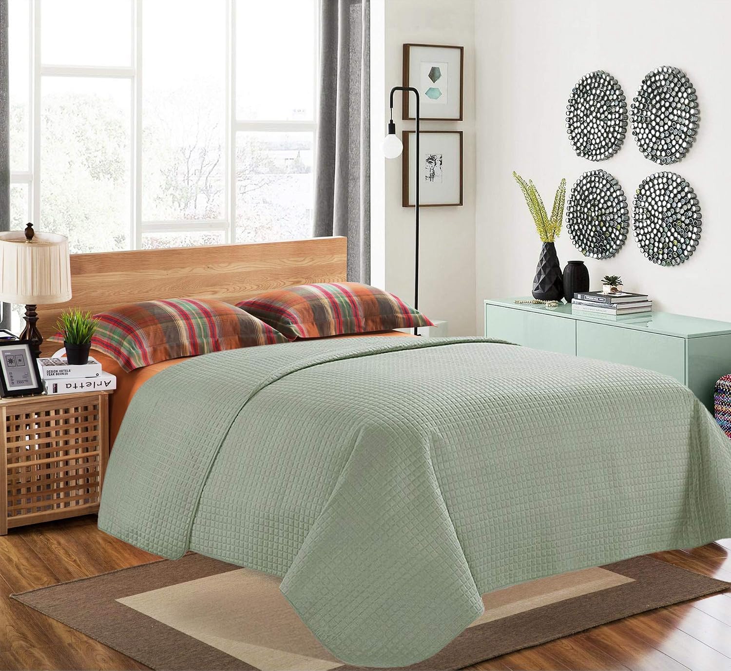 ALPHA HOME Quilted Bed Quilt Queen Size 86"*86" Polyester Lightweight Checked Bedspread Quilt Machine Washable One Piece Duvet Cover Reversible Cozy Coverlets for All Seasons, Sage Green