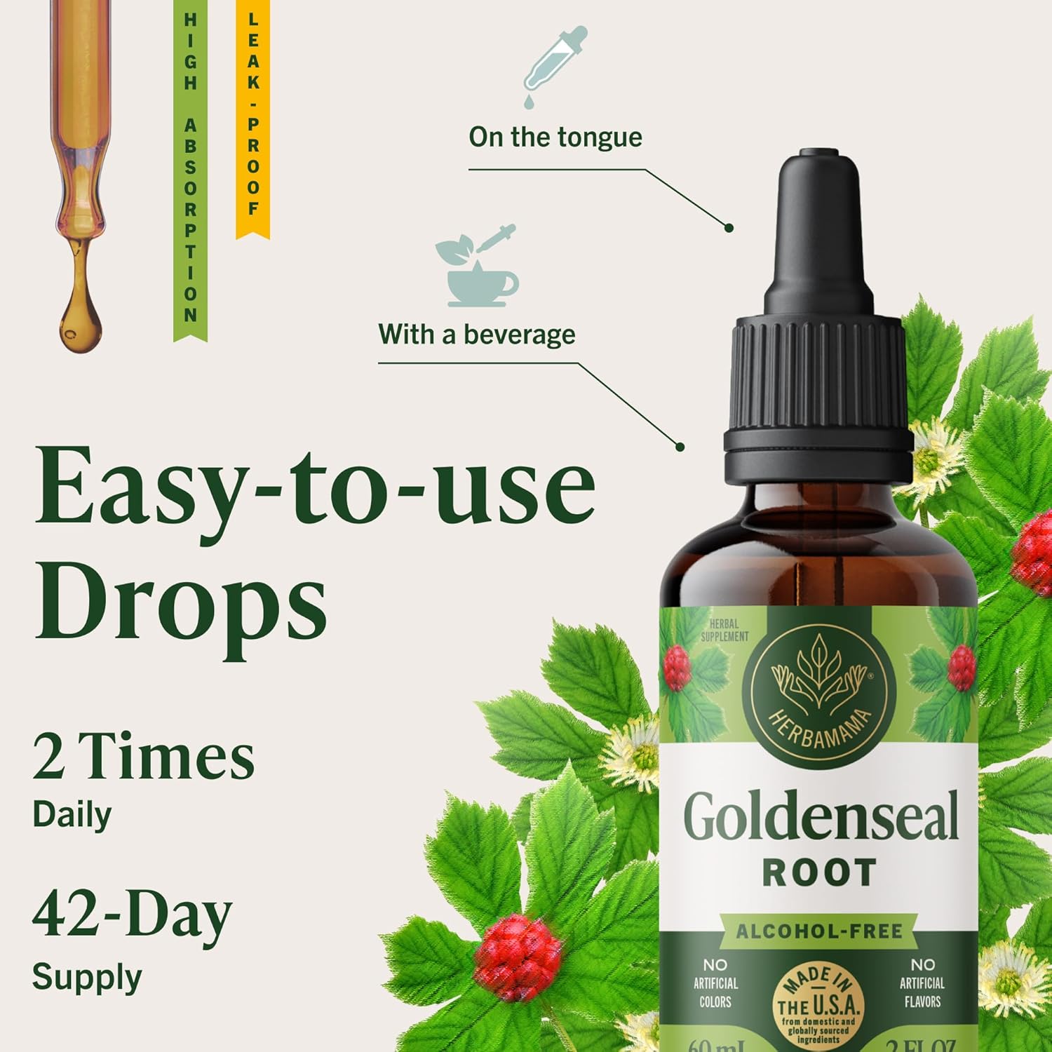 HERBAMAMA Goldenseal Root Tincture - Vegan Immune & Respiratory Support with Goldenseal Herb Extract Drops - Non-GMO, Alcohol & Sugar-Free Liquid Immunity Supplement, 42-Day Supply - Image 6