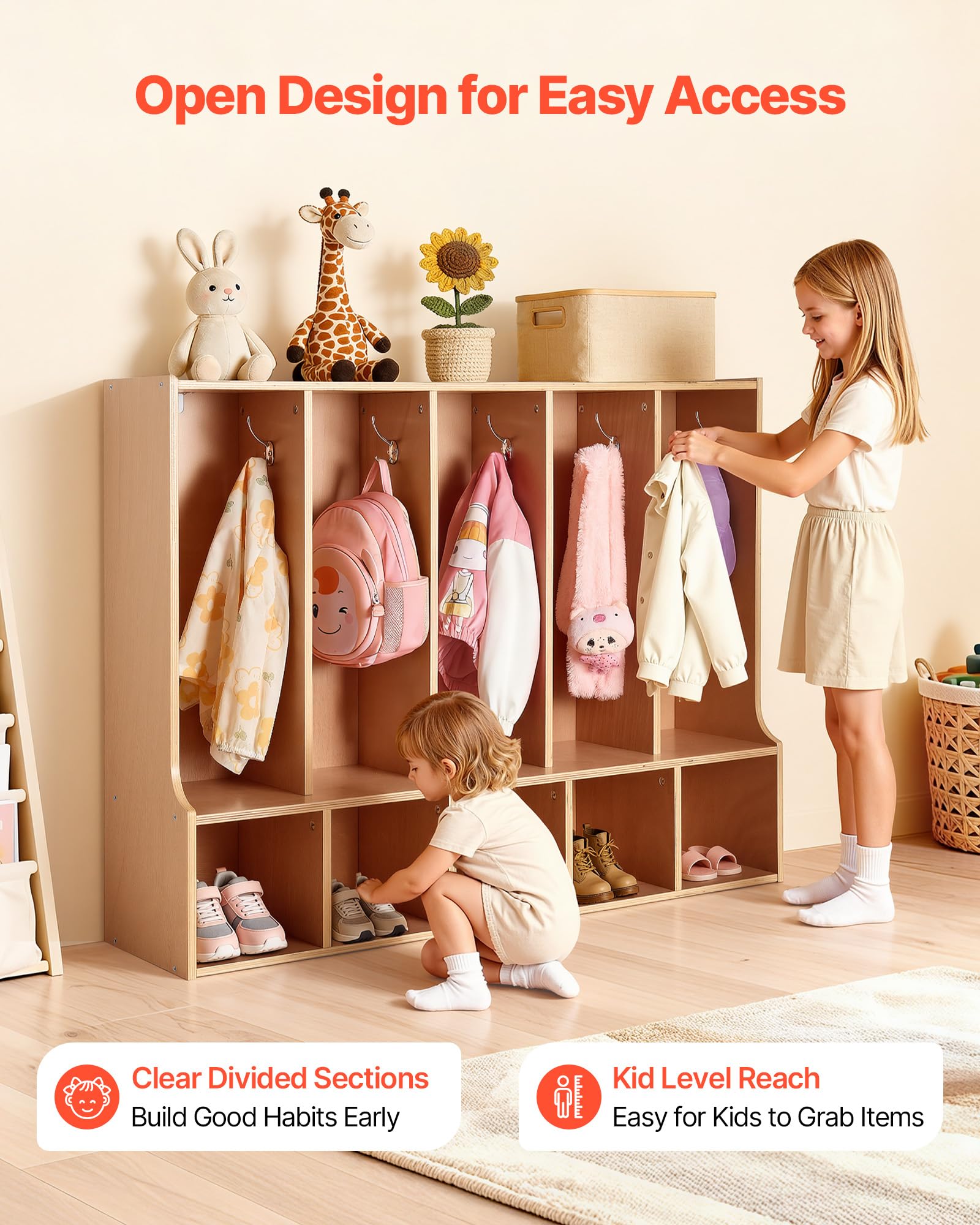 VEVOR Vestiaire 5 Enfants Ouvert, Penderie pour Enfants en Bois, Rangement pour Crèche Maternelle Garderie Maison, Meuble d'accueil Scolaire avec Casiers à Manteaux et à Chaussures, 10 Crochets