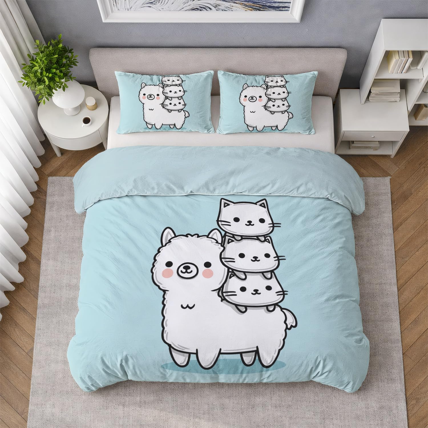 Generico Niebieskie niebo kreskówka zwierzęta alpaka koty urocze 3-częściowy zestaw pościeli 240 x 220 cm - zestaw pościeli z miękkiej mikrofibry, z zamkiem błyskawicznym i poszewkami na poduszki