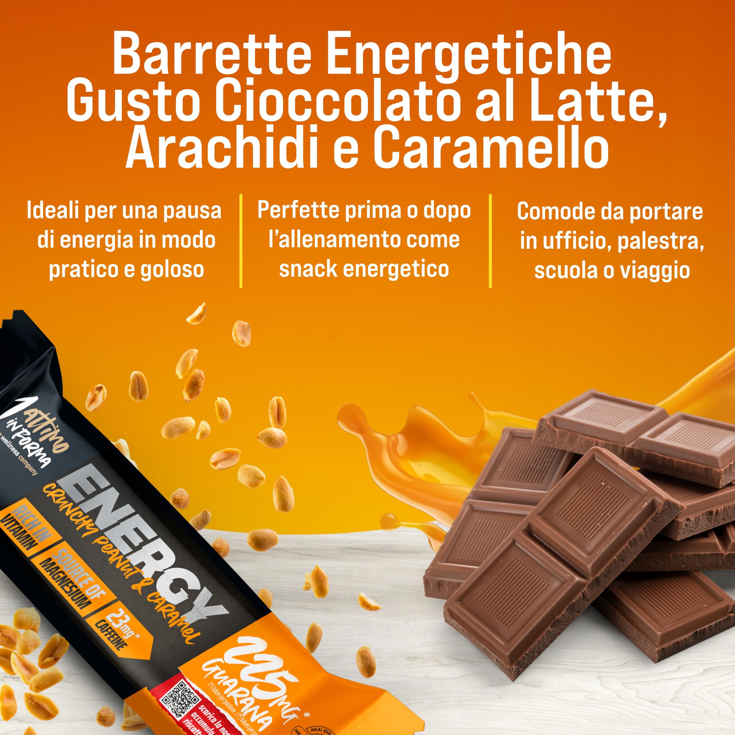 1 ATTIMO IN FORMA Barrette Energetiche Crunchy 24x45g Cioccolato al Latte, Arachidi e Caramello, Barretta Energetica con Magnesio, Vitamine e Guarana Barrette Cioccolato per Sport e Ciclismo