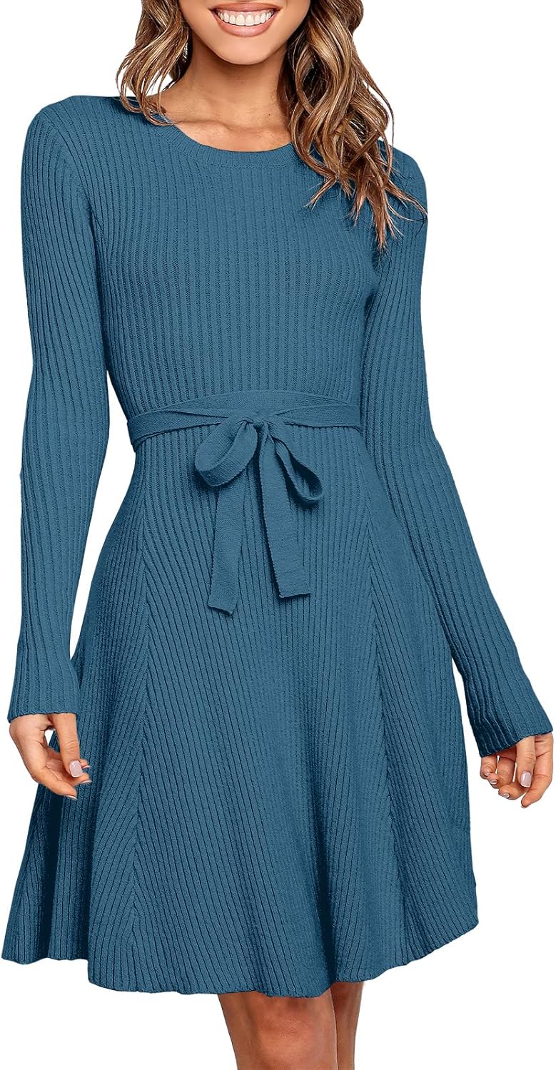 ANRABESS Women's Long Sleeve Midi Dress Crewneck Tie Waist A-Line Swing Casual Bodycon Ribbed Knit 2025 Fall Sweater Dress