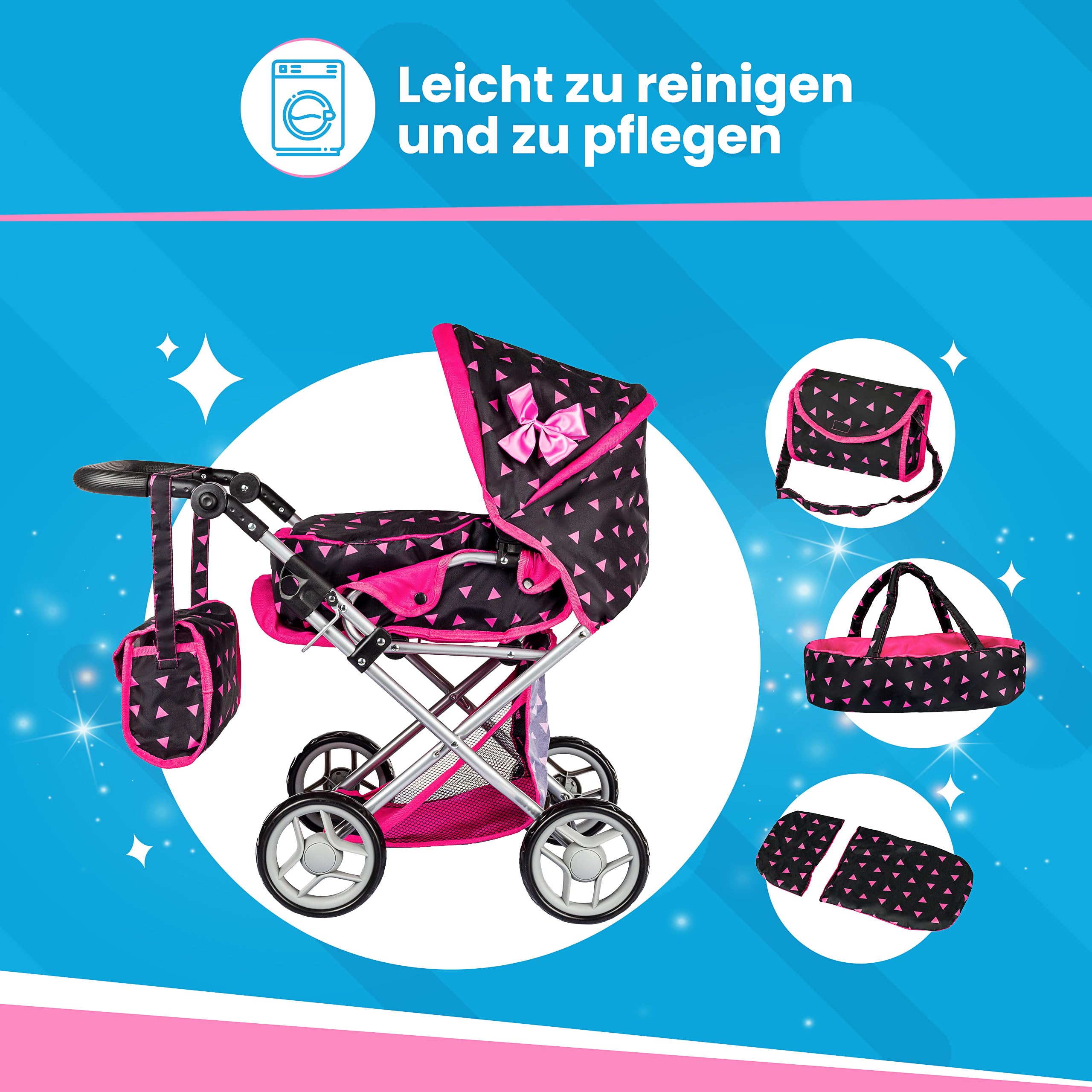 Kinderplay Puppenwagen ab 1 2 3 Jahre Kinderwagen Spielzeug - 3 in 1, Puppenwagen mit Herausnehmbarer Tragetasche und Umhängetasche, Höhenverstellbar 36.5 cm bis 64 cm, KP0200R