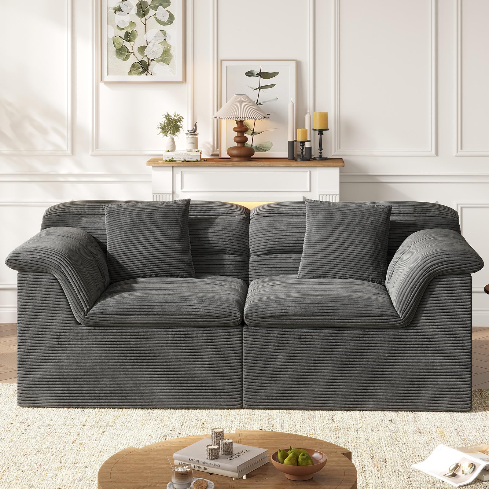 SUNG7 88" Sofa with Deep Seats Oversize, 3 Seater Cloud Couches, Upholstered Corduroy Couch for Living Room Bedroom, No Assembly Required, Dark Gray