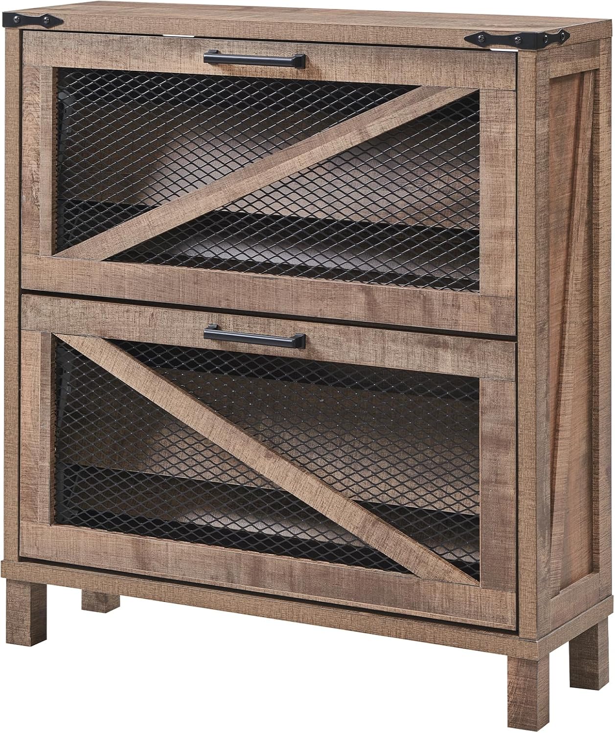 ACCOHOHO Farmhouse Shoe Cabinet, Narrow Shoe Storage Cabinet with 2 Flip Drawers & Adjustable Shelves, Light Brown