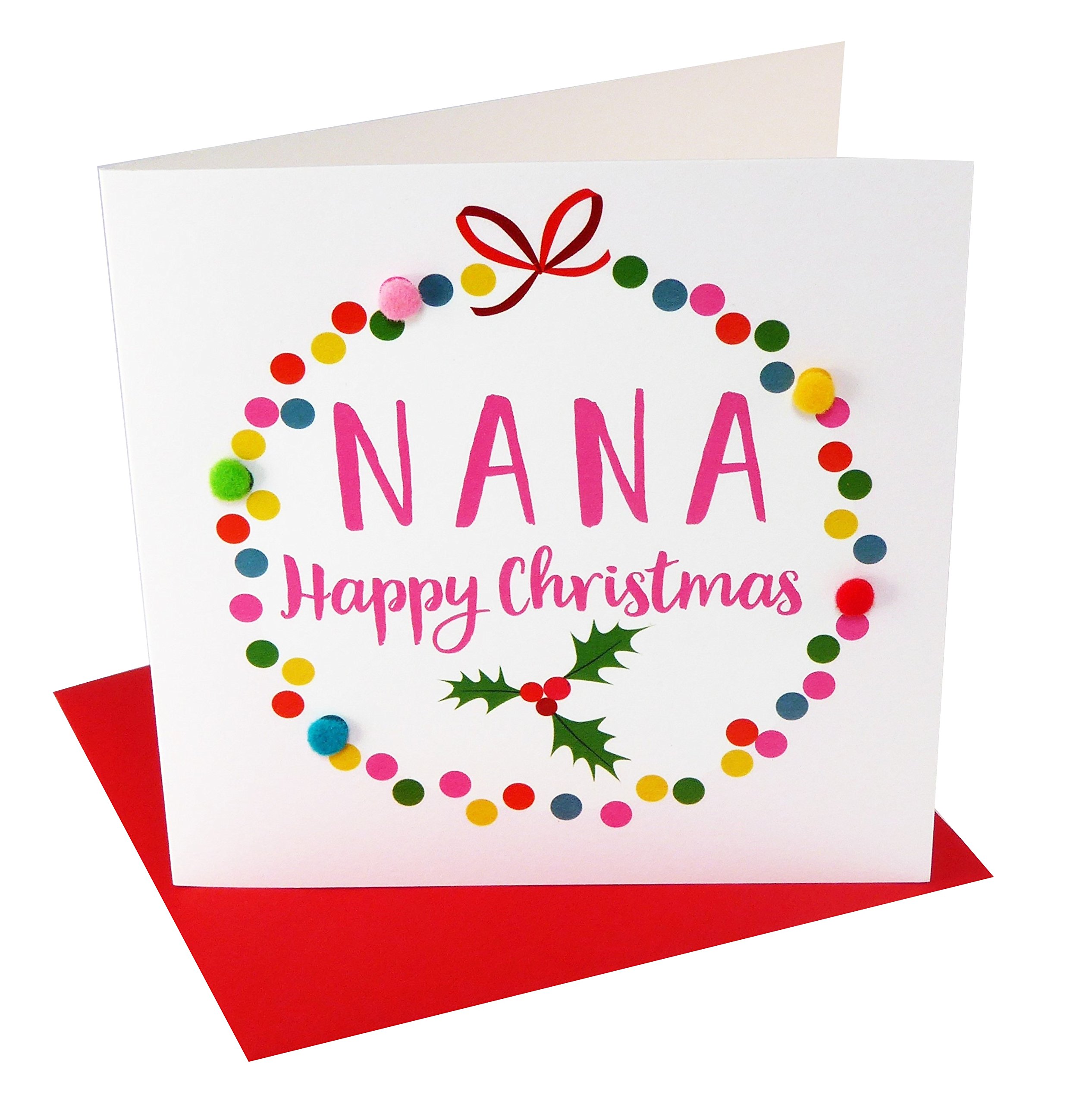 Claire Giles Greeting Cards, Happy Christmas Nana Card, Bauble design xmas Greeting Card, Embellished with colourful Pompoms