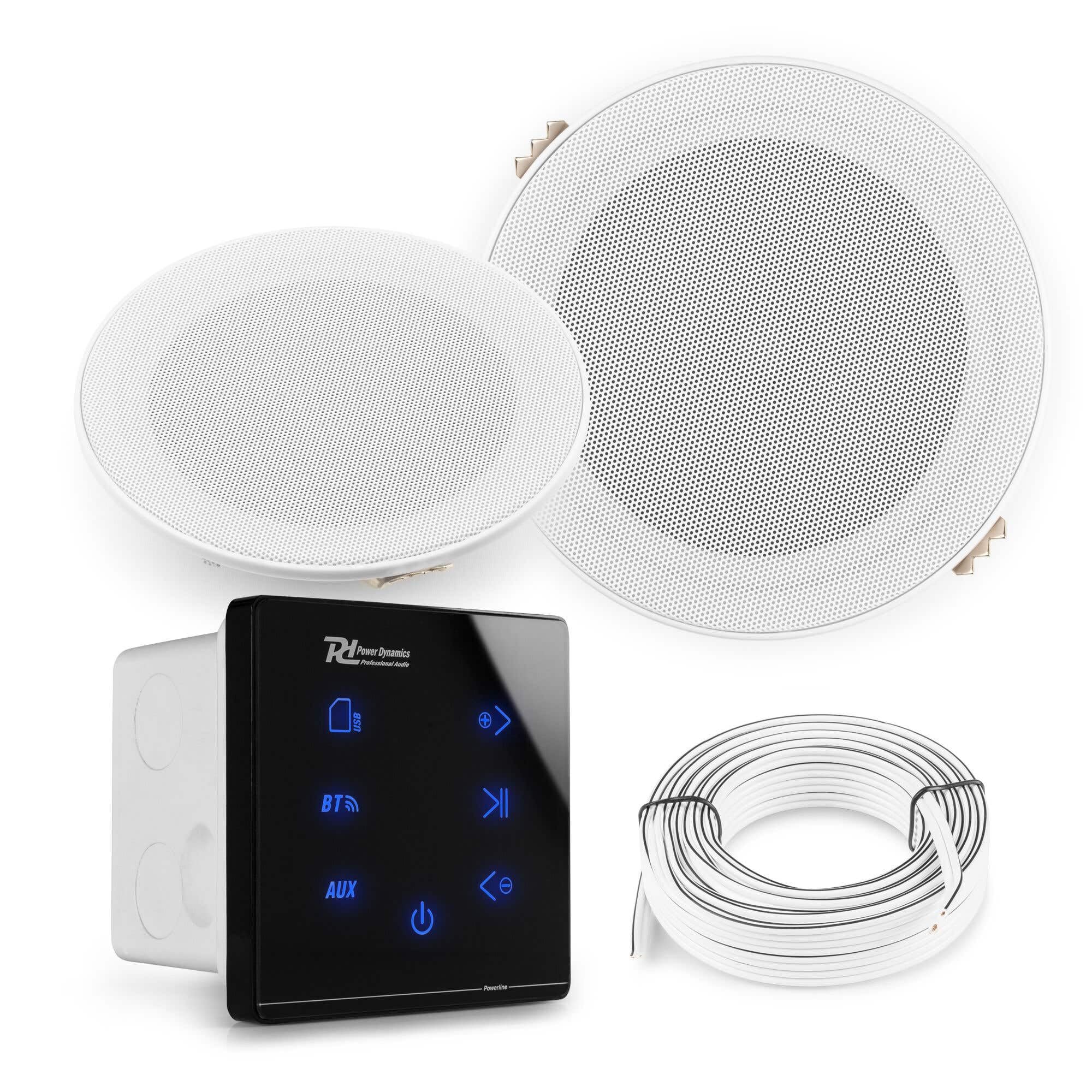 Power Dynamics Powerline A50B Pack Amplificateur Mural avec 2 Enceintes de Salle de Bain - 80 Watts, Câbles Inclus, BT 5.0, USB et Micro SD, Écran Tactile, Idéal pour Sonorisation de la Maison | Protection IPX5, convient pour les zones humides, lecture sa