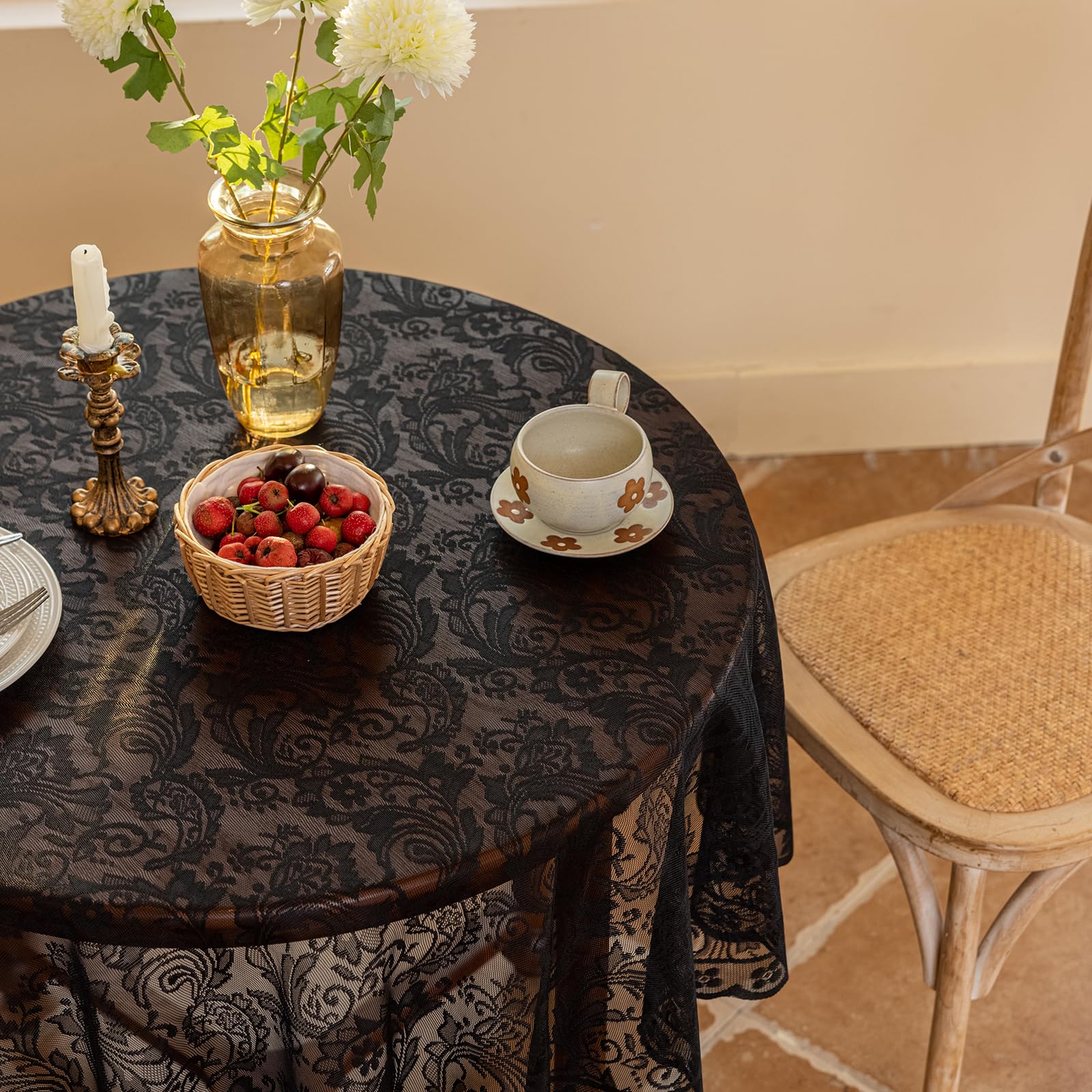 Jayla Black Lace Round Tablecloth 60 Inches Phoenix Tail Flower Embroidered Wedding Table Cloths for Summer Outdoor Party Reception, Dinner Party,