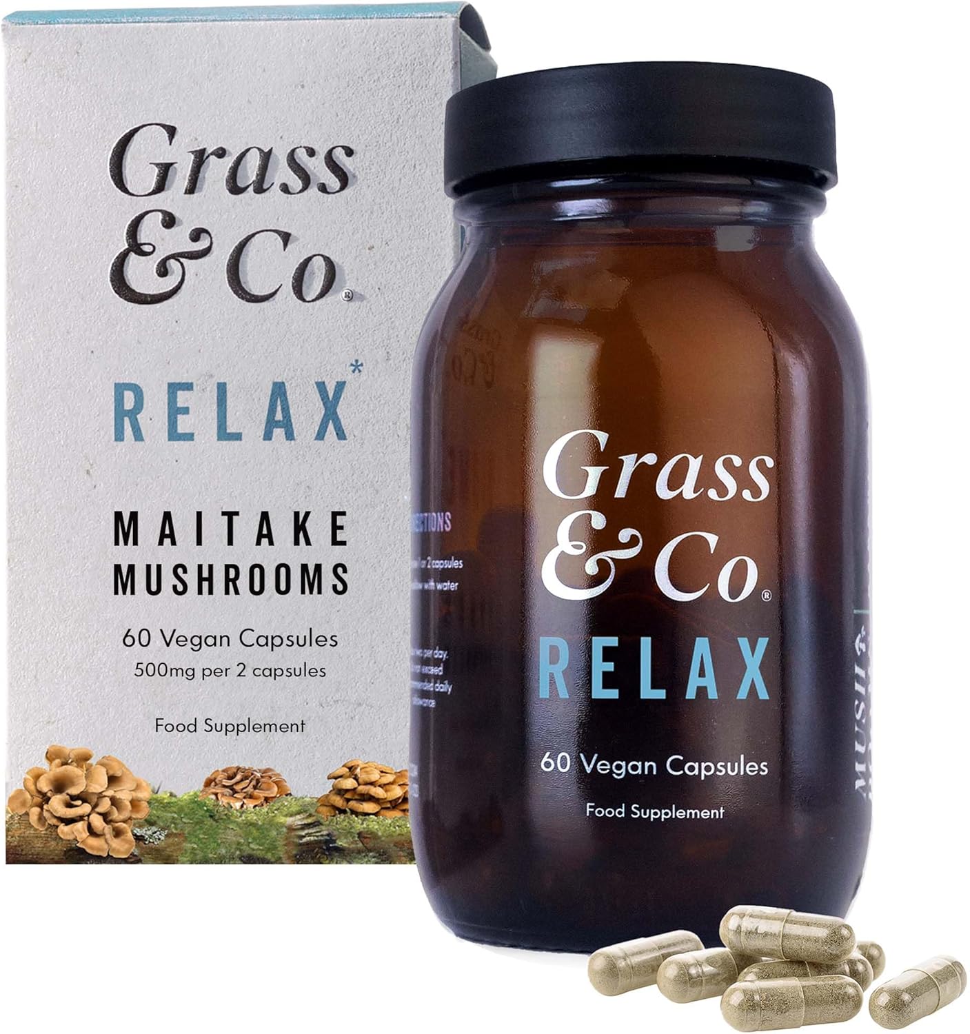 Grass & Co. Magnesium 200mg & Maitake Mushroom 400mg Capsules with Ashwagandha & Vitamin B6 | Relax | Supports Stress Relief | Calm | 60 Capsules, 30 Servings
