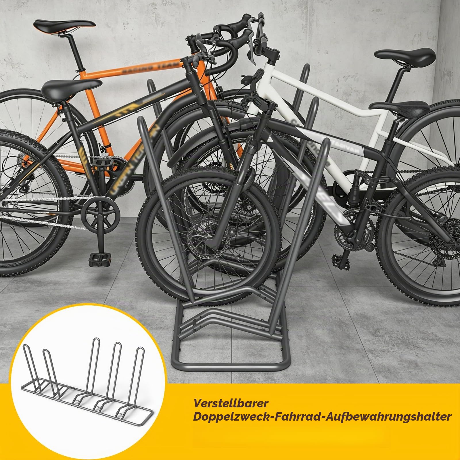 Fahrradständer Boden für 5 Fahrräder – Einstellbare Fahrradhalter | Dualer Fahrrad Ständer für Erwachsene & Kinder –Indoor & Outdoor – Ideal für Mountainbikes & Rennräder, stabil & platzsparend
