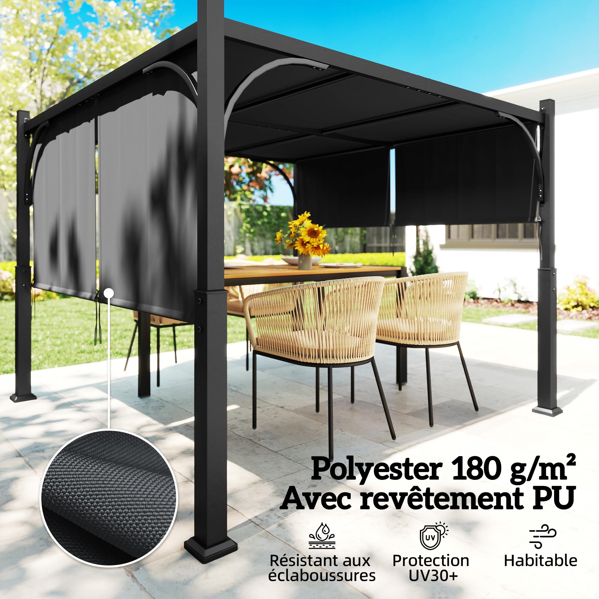 Outsunny - Pergola de jardín, 3 x 3 m, cenador de jardín, con toldo deslizante, estructura metálica, cobertizo solar exterior para terraza o balcón, color gris oscuro