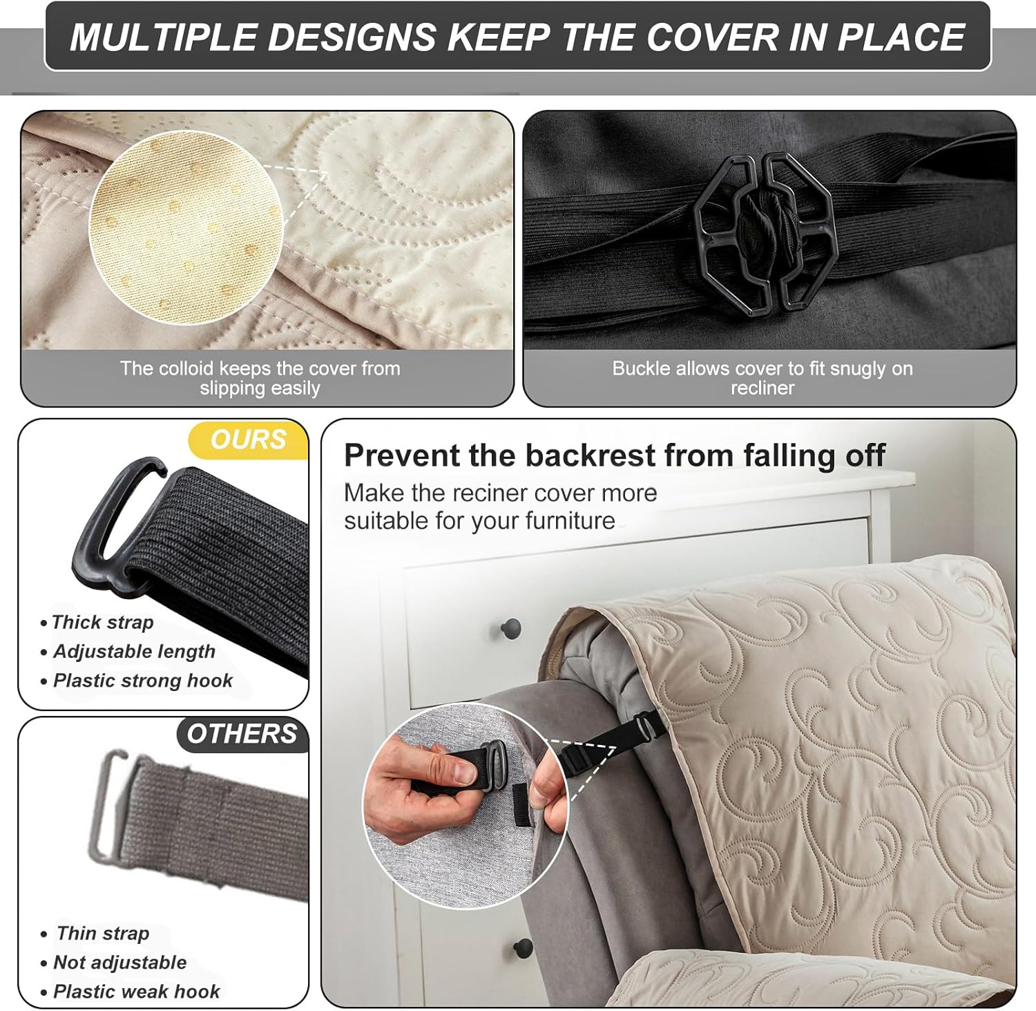 100% Waterproof Recliner Chair Cover, Recliner Chair Covers for Reclining Chair, Non-Slip Fabric Recliner Couch Cover for Living Room, for Pets Kids Protector, Washable (Beige, 20")