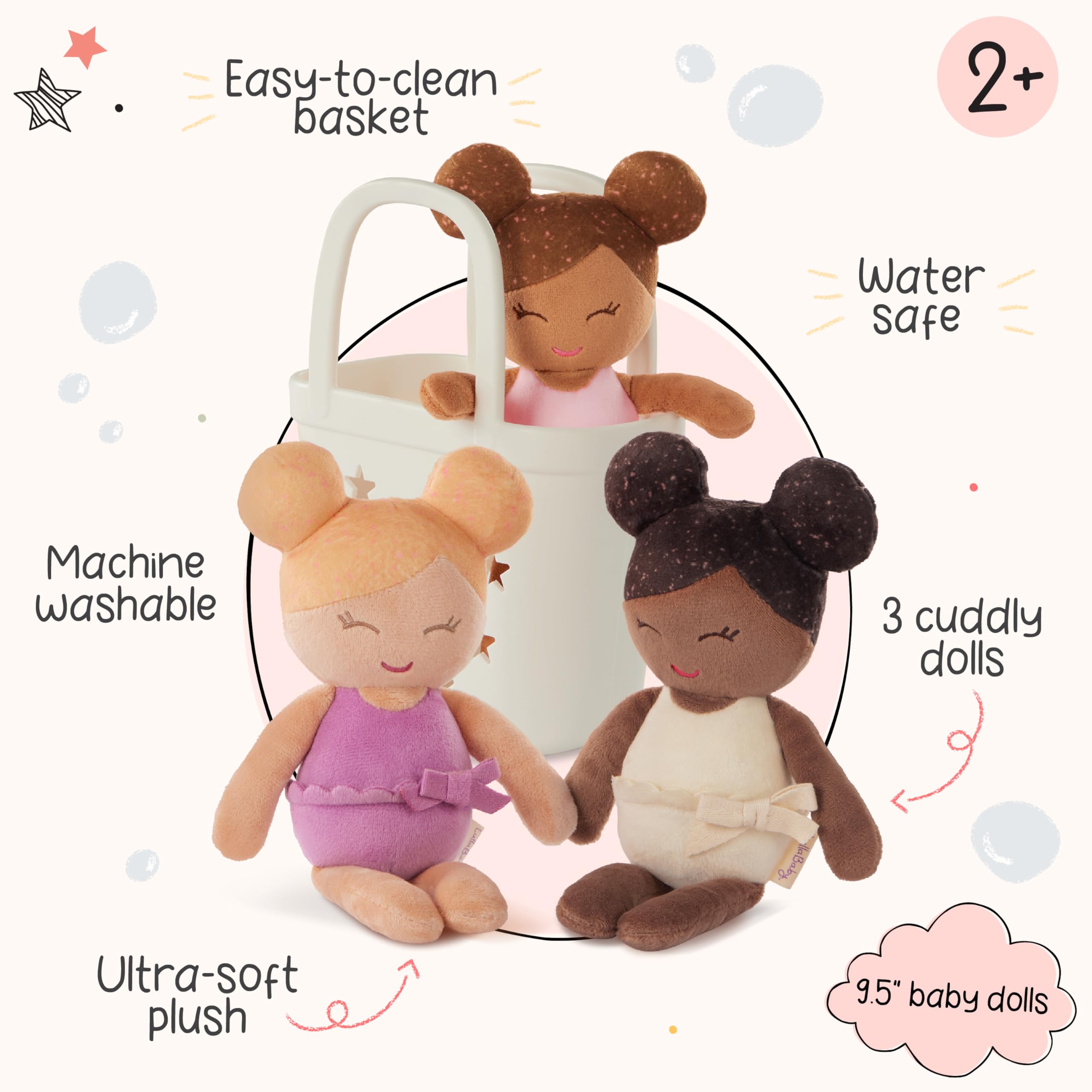 LullaBaby Zestaw 3 miękkich pluszowych lalek do zabawy w prawdziwej wodzie, kosz transportowy z uroczymi wycięciami w kształcie gwiazdy, zestaw symulacyjny, zabawki do kąpieli dla dzieci od 2 lat