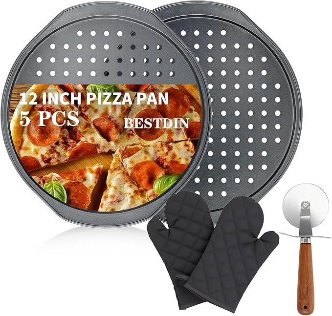 Bestdin 5Pcs Pizza Pan Set - 12 inch Pizza Pan with Holes, Non-stick, Pizza Oven Accessories with 2 Carbon Steel Round Pans, Pizza Cutter and 2 Gloves, Dishwasher Safe