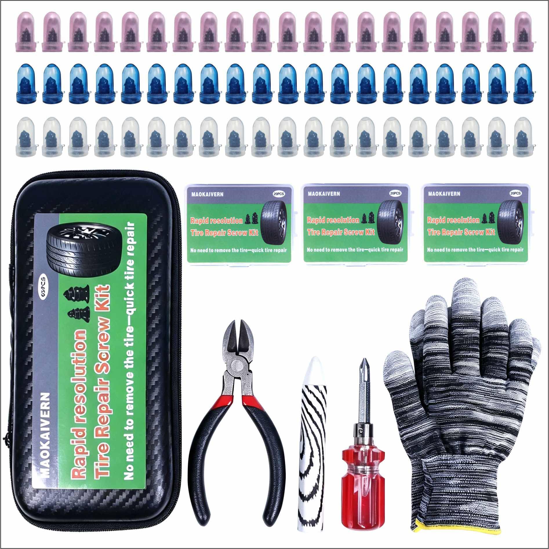Kit di 65 tappi per pneumatici a vite, facili da usare per tutti i conducenti, viti di riparazione di emergenza per pneumatici per riparazione temporanea di forature su auto, camion, moto