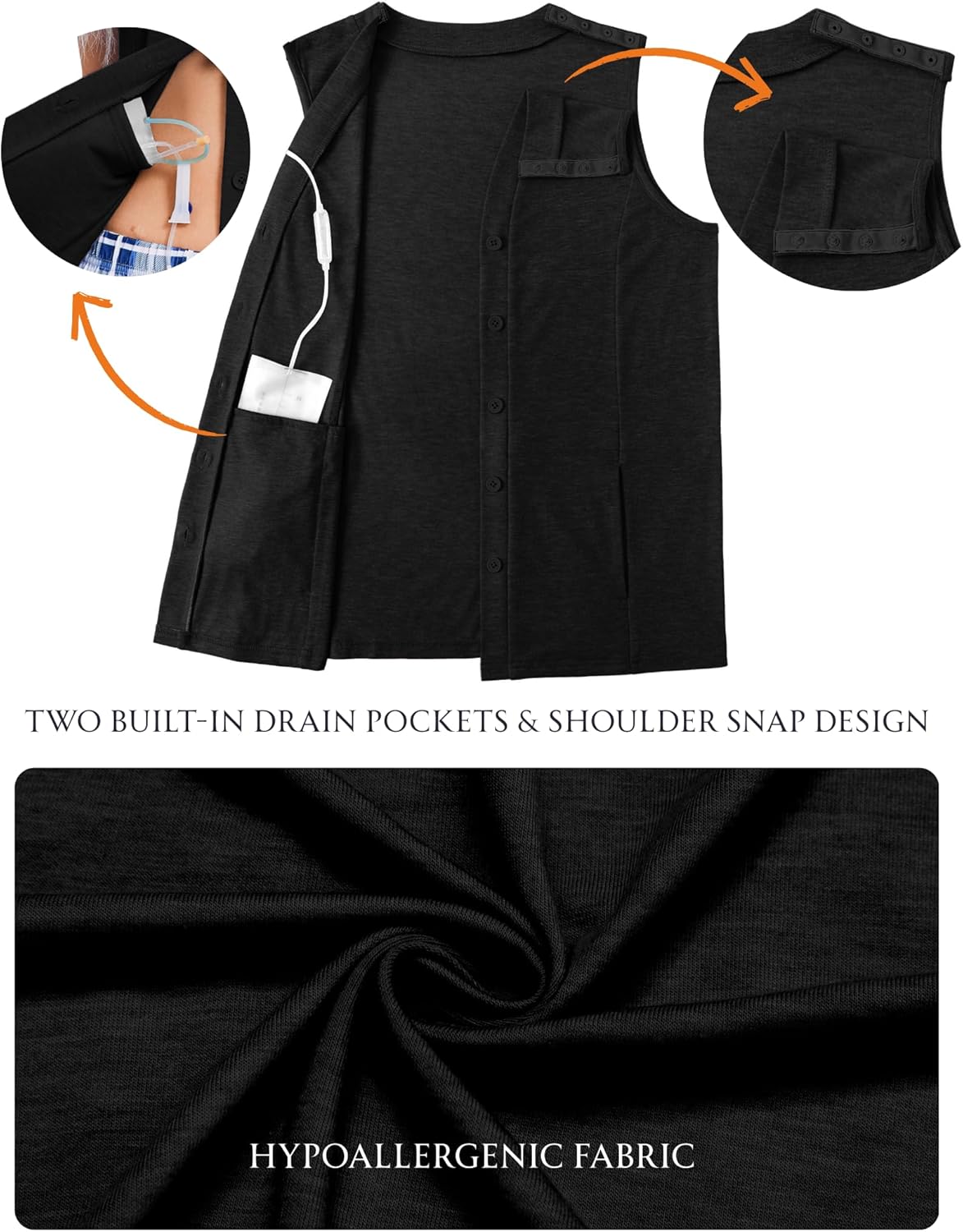 Deyeek Women's Mastectomy Shirts with Drain Pockets Post Shoulder Surgery Snap Tank Tops V-Neck Chemo Shirts for Ports Access - Image 5