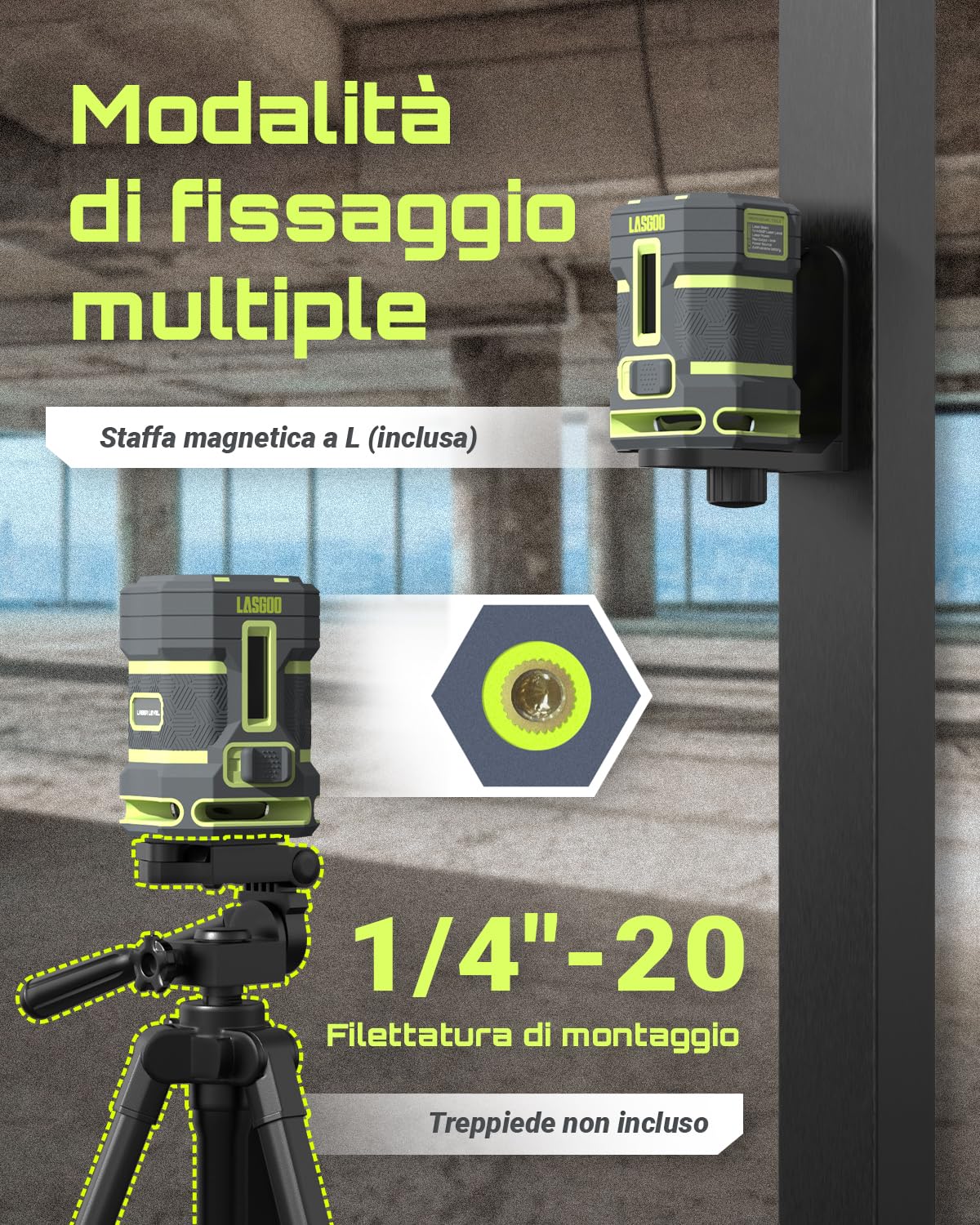 LASGOO Livella laser verde autolivellante, laser orizzontale 360° e linea verticale, 4 livelli di luminosità, modalità impulso, staffa a L, batterie e borsa incluse