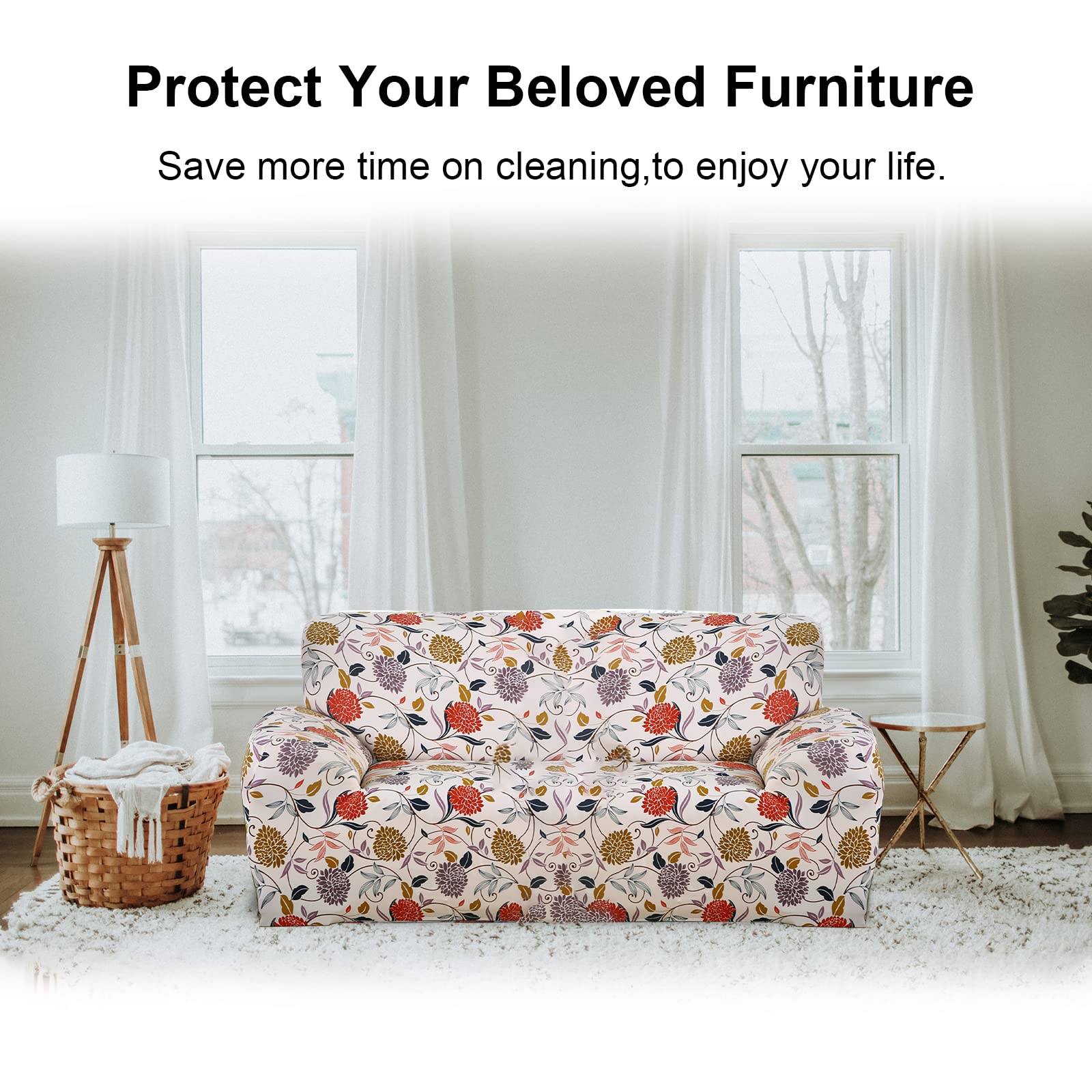 Jaotto Copridivano 3 Posti Elasticizzato, Fodera per Divano Elasticizzato Fantasia Antiscivolo Antimacchia, Copridivano con Braccioli Tessuto Super Morbido Universale,Stile Fiore