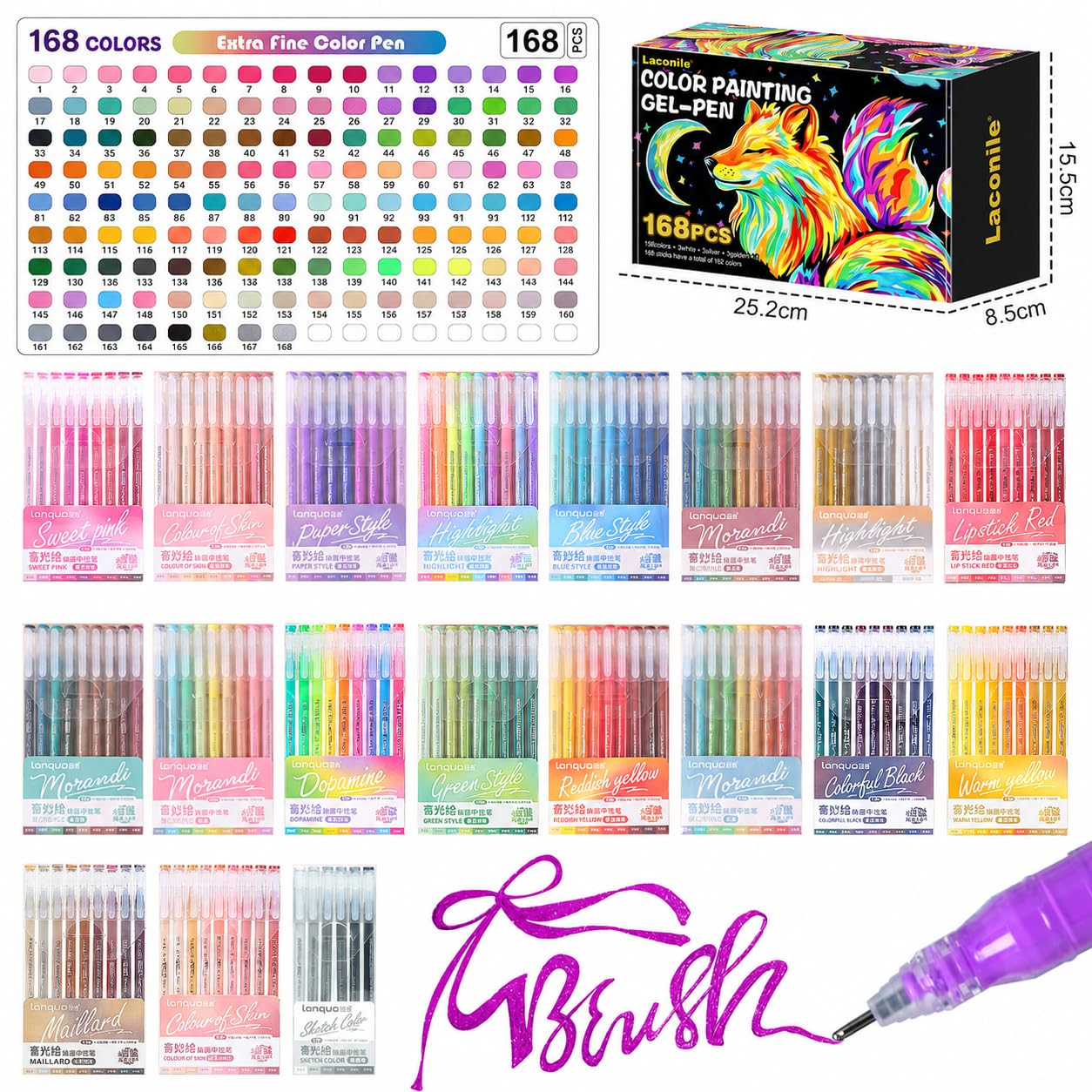 Laconile 168 Gelstifte Set für Erwachsene, 162 Farben Gelschreiber für Malbücher Journaling und Zeichnen, Morandi Pastell und Metallic Farben inklusive, Premium Kreativ Geschenkset