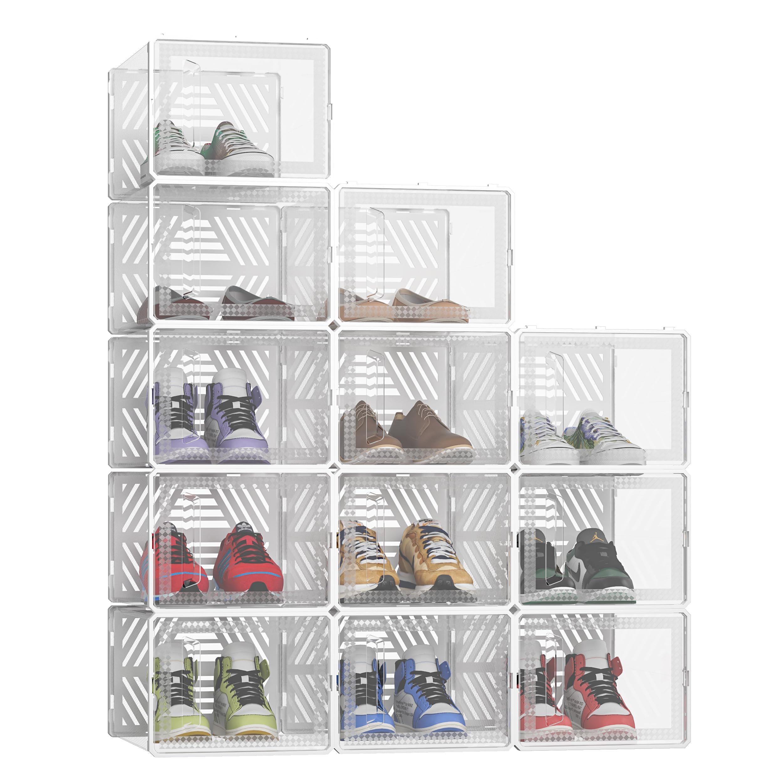 TEmkin Scatole Porta Scarpe Trasparenti Impilabili Da 12 Pezzi Organizer Per Scarpe in Plastica Rigida Contenitori Pieghevoli, Traspiranti E Versatili,002