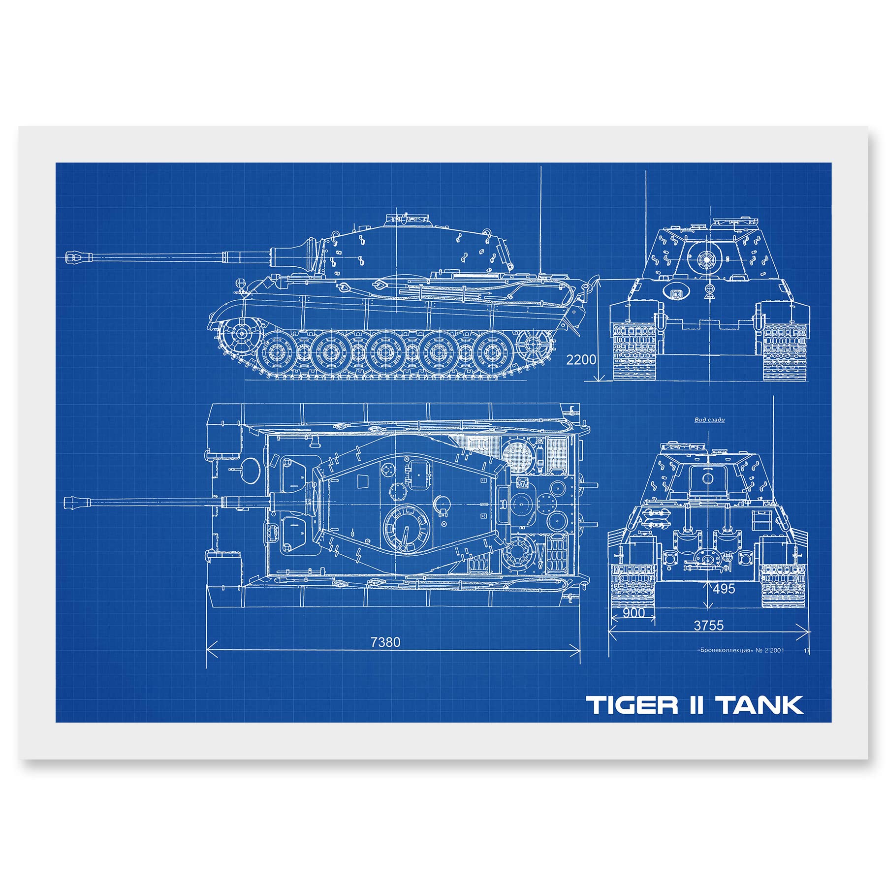 Artery8 Military Tiger II Panzer Kampfwagen Heavy Tank Blueprint Plan Artwork Framed Wall Art Print A4