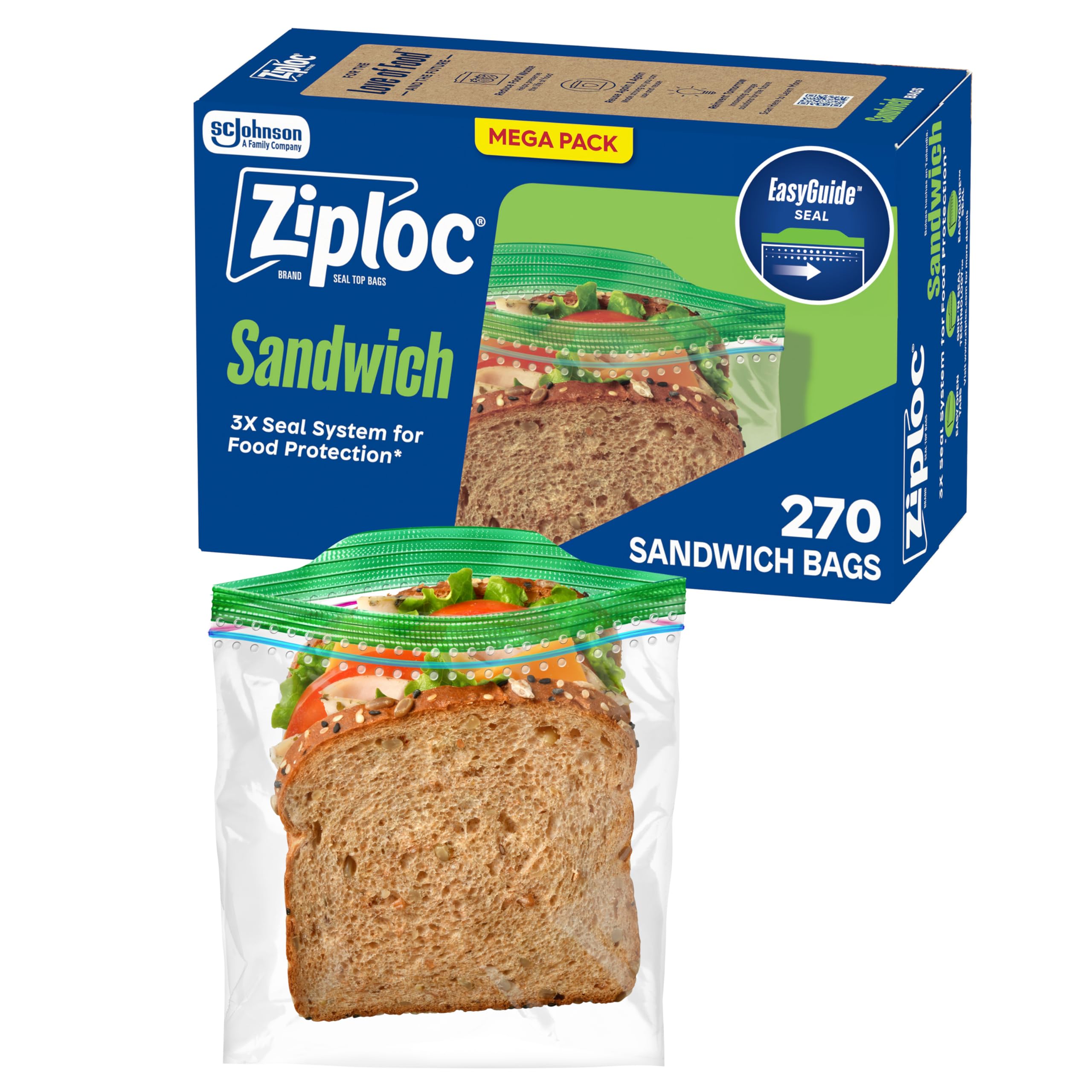 Ziploc EasyGuide Textured Sandwich Snack Bags Plastic Storage Bags with Grip 'n Seal Technology 270 Bags Total