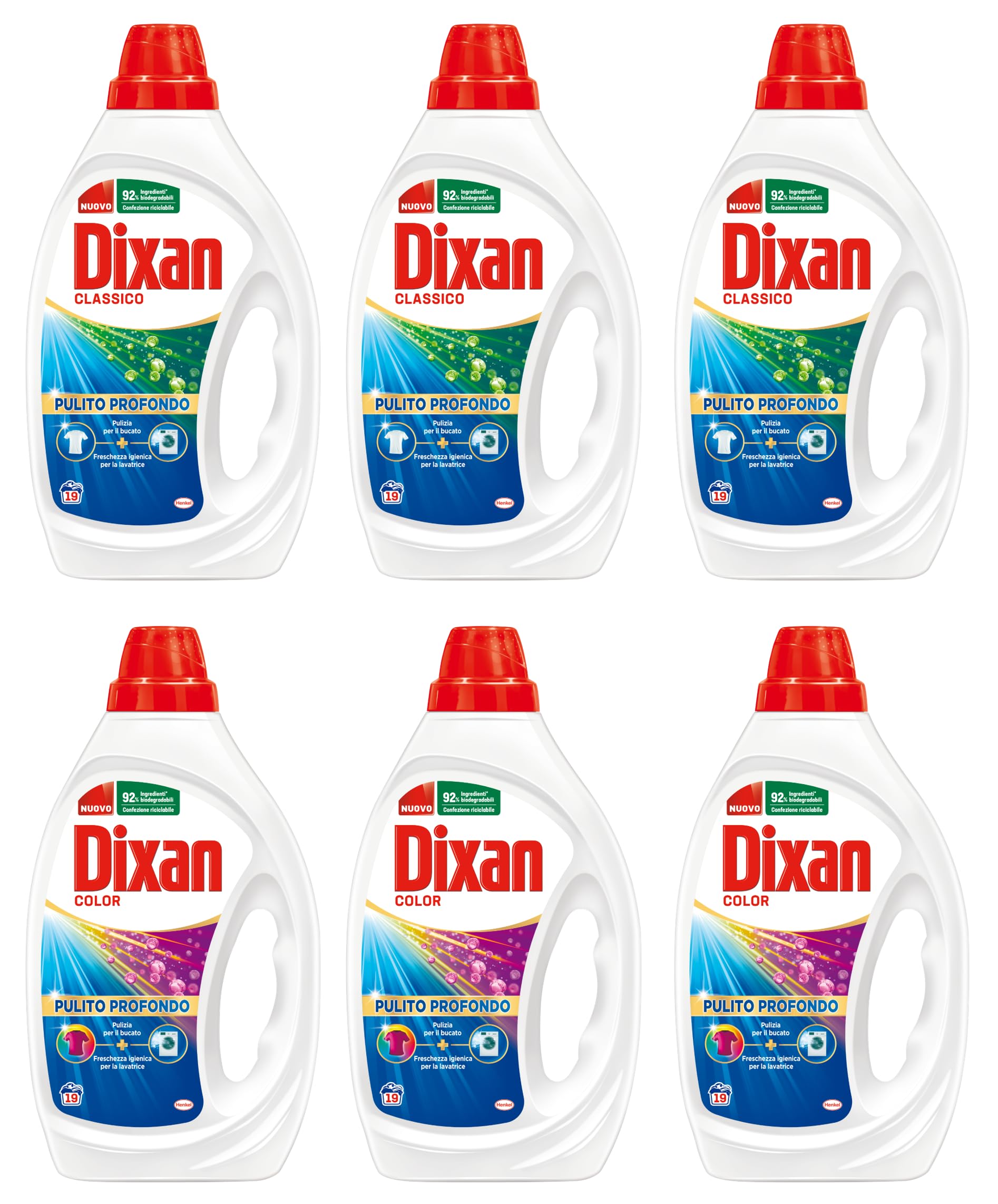 Dixan Detersivo Lavatrice Liquido, 3 Confezioni Classico + 3 Confezioni Color, Confezione da 6 x 19 lavaggi - 114 Lavaggi, Rimuove le macchie da 20°C