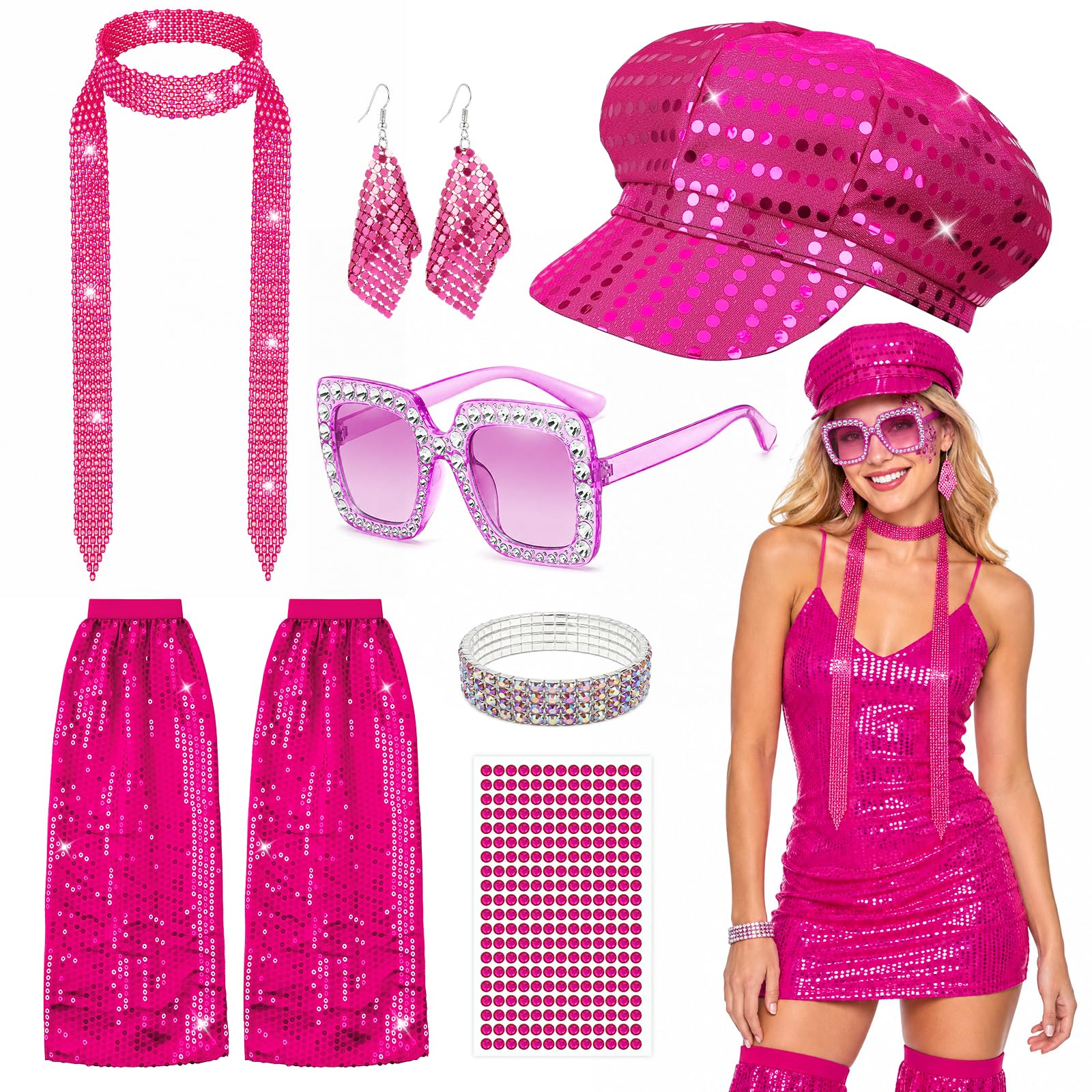 Oerphh Abba Fancy Dress Kit，70s Disco Costume Set for Women 7Pcs Disco Accessories with Sequin Hat Bling Sunglasses and Leg Warmers (Rose red)