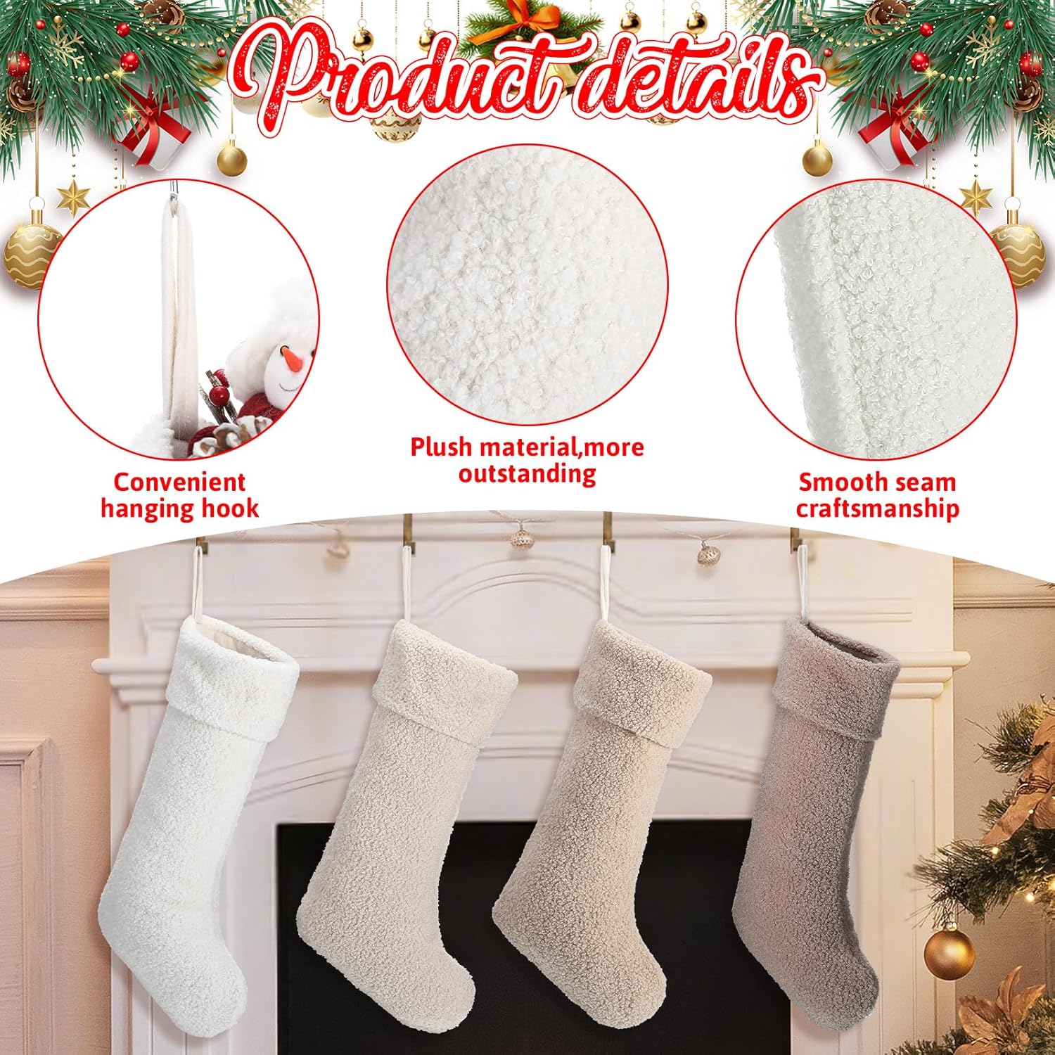 Neutral Christmas Stockings 4 Pcs 18 Inch Large Plush Beige Brown Stocking Faux Lambswool Xmas Hanging Decor for Holiday Christmas Party Family Fireplace Decoration(2 Colors) - Image 4