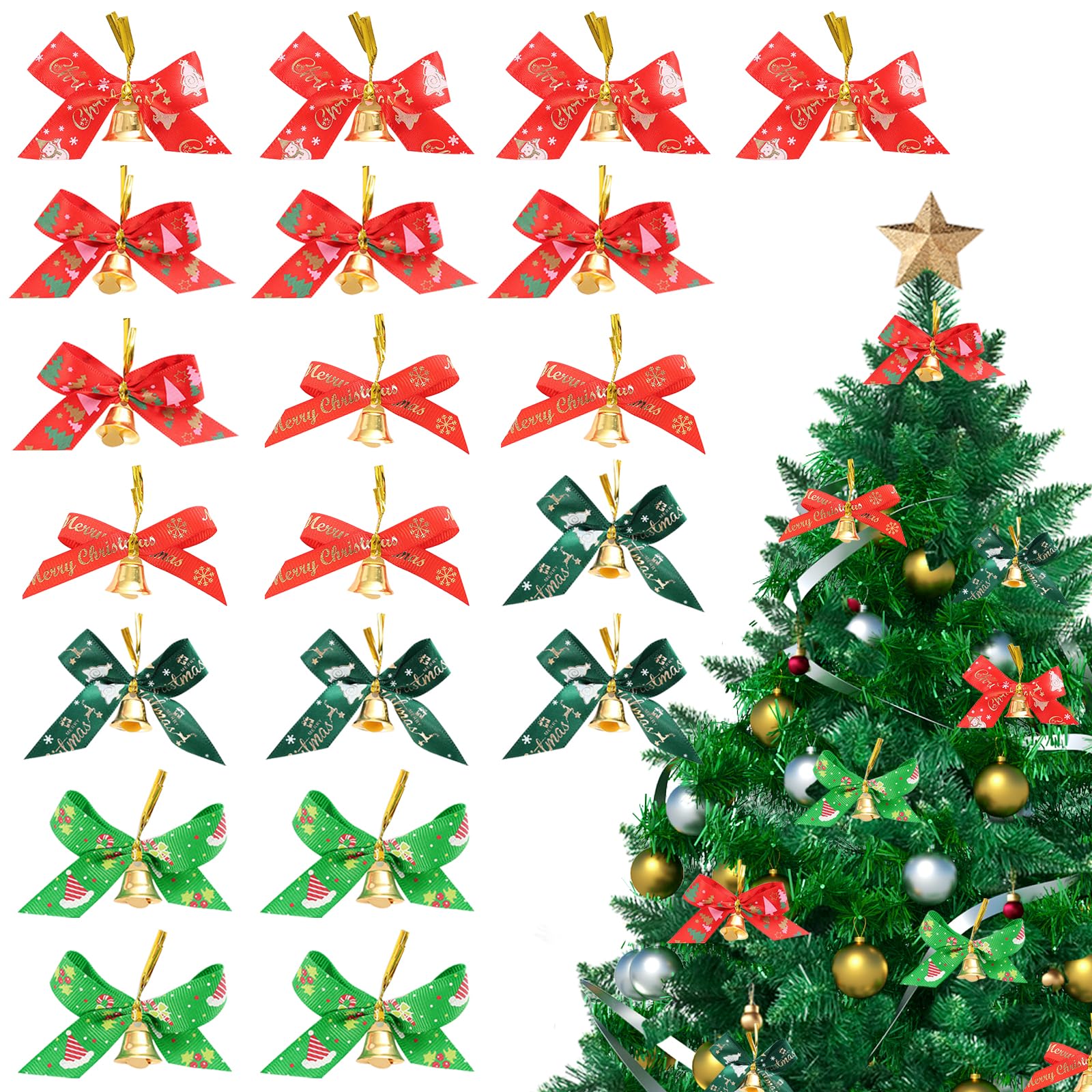 Minicoco 20Pcs Christmas Bows Pure Polyester Fabric with bells, Christmas Ribbons, 2.17 * 1.38 inch for Wreaths Bows Xmas Bow Decorations，Christmas Tree,Wreaths,Garland Decor（Red