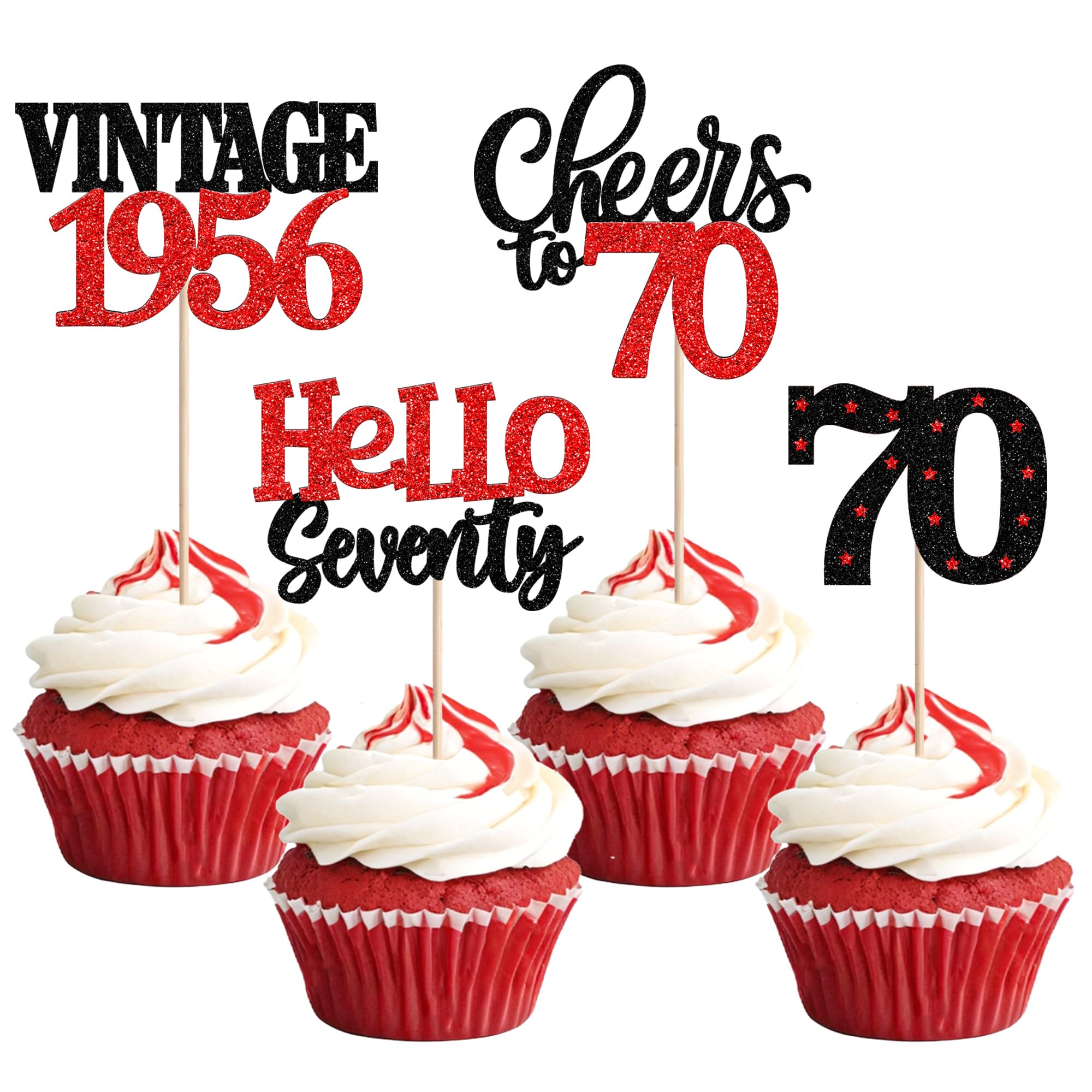 24 PCS Happy 70th Birthday Cupcake Toppers Star 70 Hello Seventy Vintage 1956 Cupcake Picks Cheers to 70 Years Decorations for him 70th Birthday