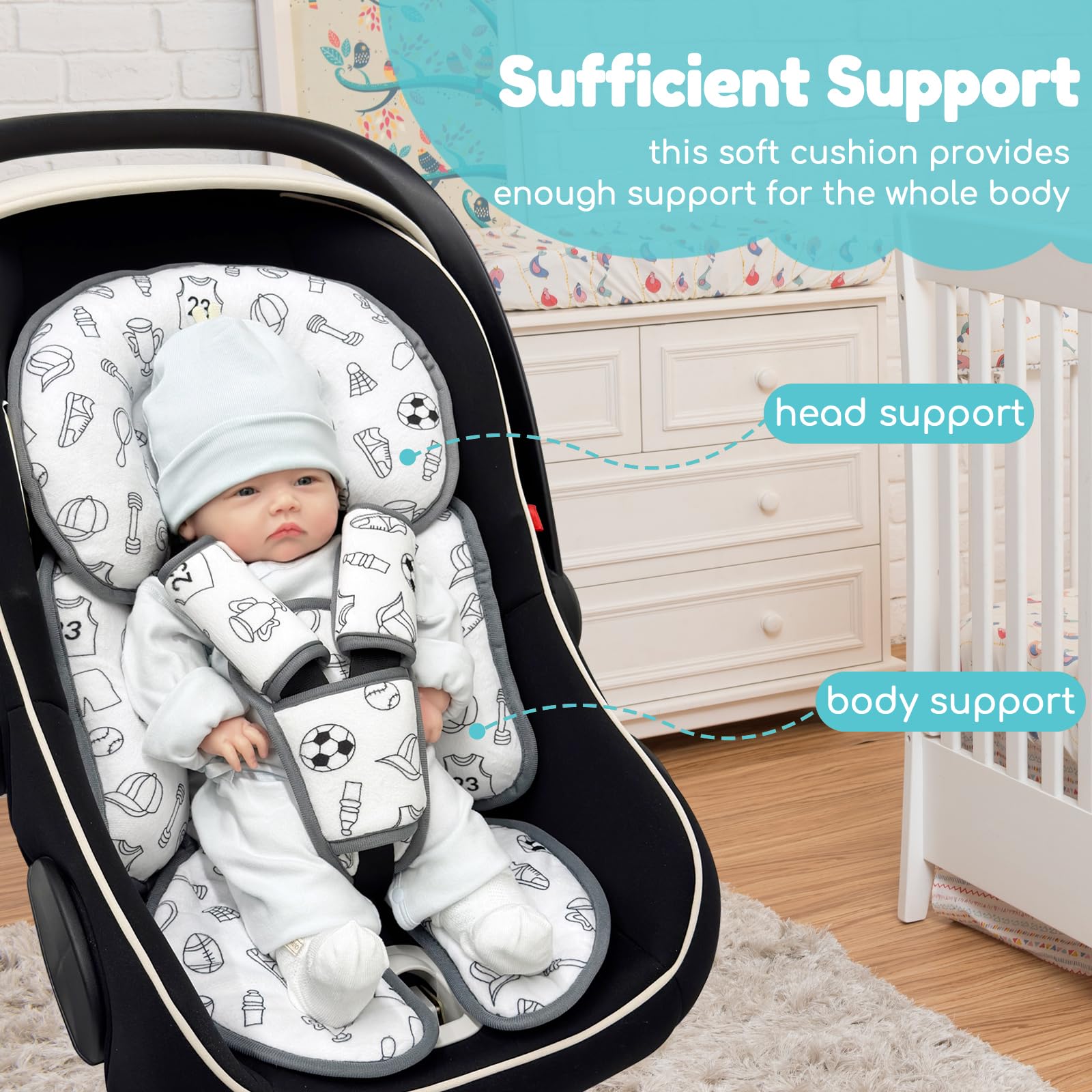 Kindersitz-Einsatz, wendbar, für Neugeborene, Kopf-Körperstütze mit Gurtabdeckungen, Baby-Autositzkissen-Einsatz für Kinderwagen, Babyschaukel, Wippe, Stubenwagen, Kinderwagen