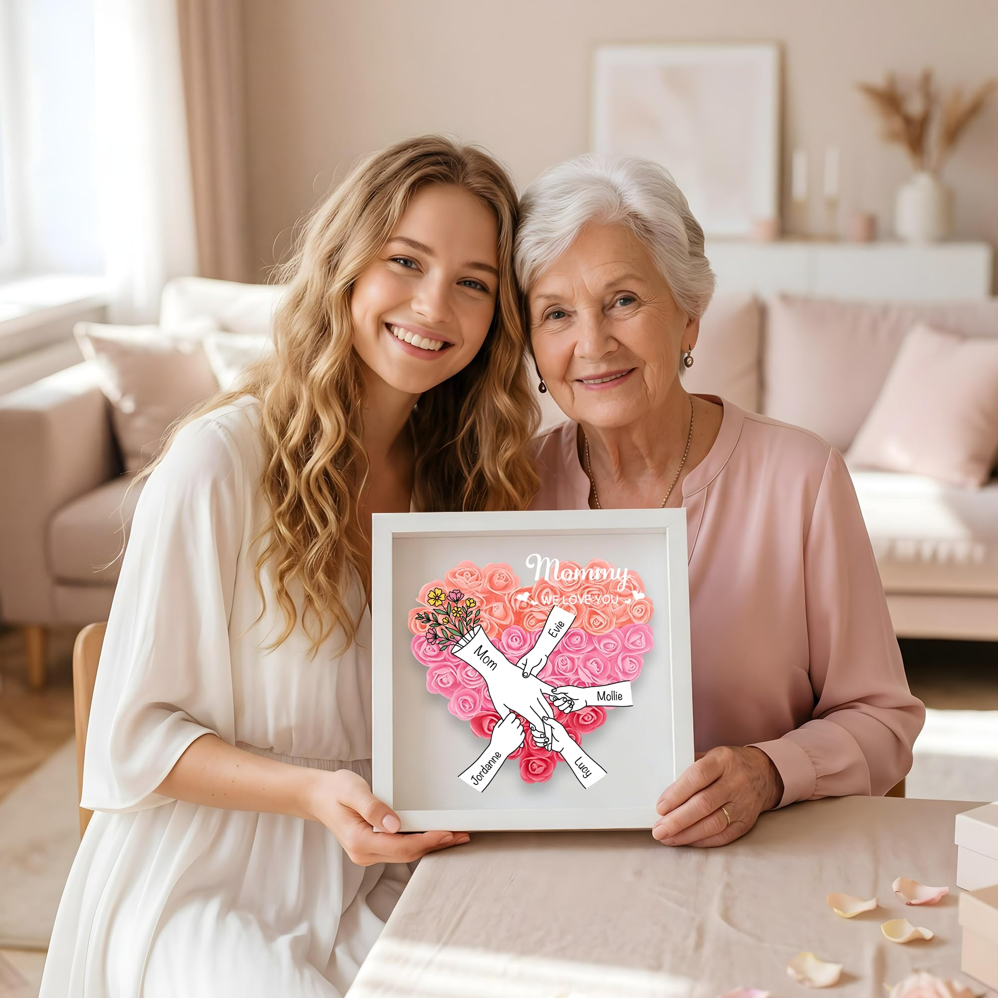 BEXOA Cadeau Fête des Mères Personnalisé, Boîte à Fleurs Cœur avec 2-6 Prénoms, Cadeau pour Maman et Grand-Mère (Style 1)